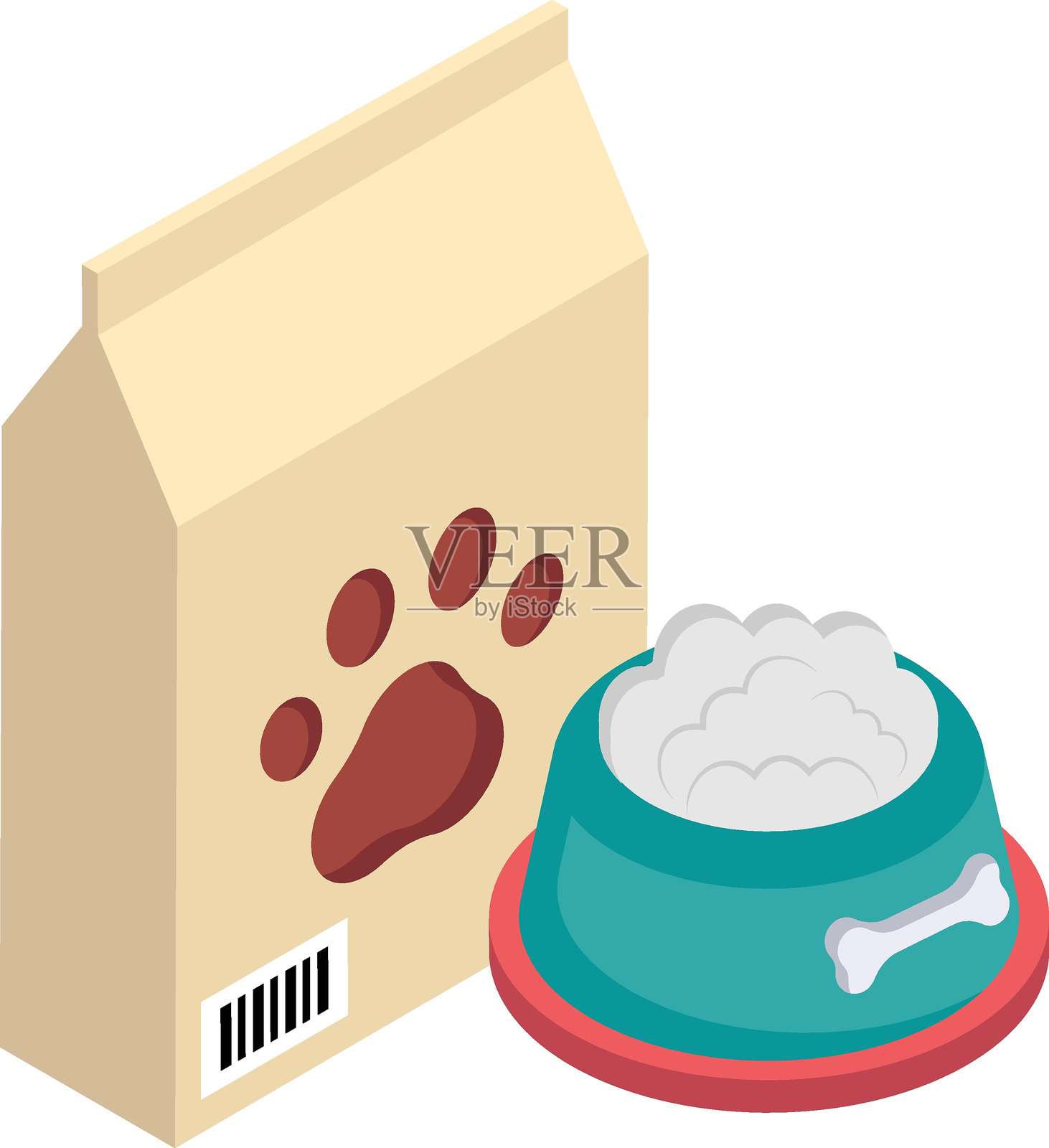 干粮盒和托盘等距平面概念，动物饲料与配件矢量彩色图标设计，宠物与兽医符号，动物收容所标志，四足朋友插图插画图片素材