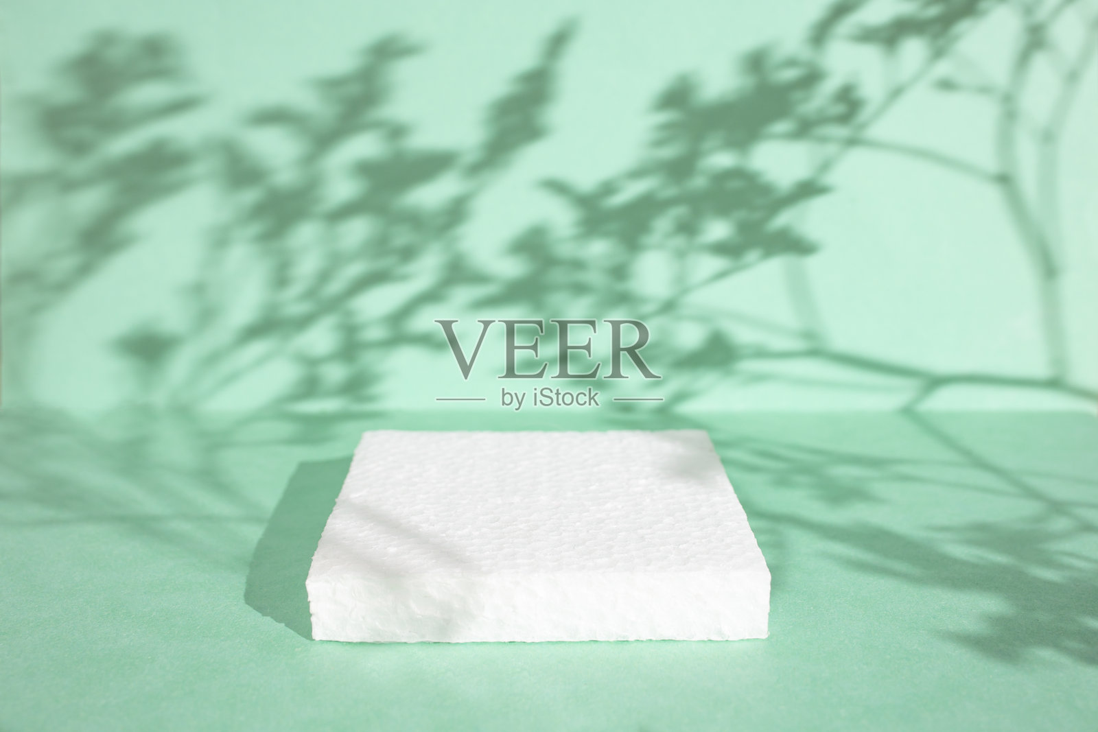 绿色纸背景上的植物阴影，配有方形聚酯展示台用于产品展示照片摄影图片