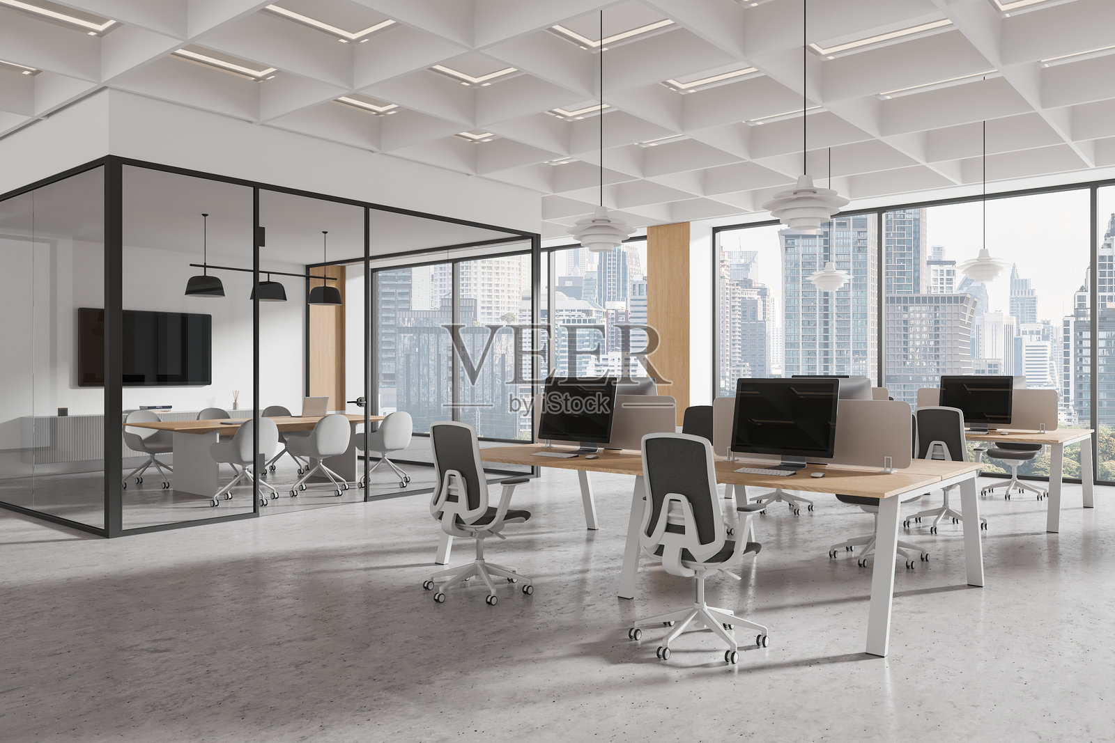 现代开放式办公室，俯瞰城市景观，配有空桌和玻璃墙会议室。3D渲染图照片摄影图片