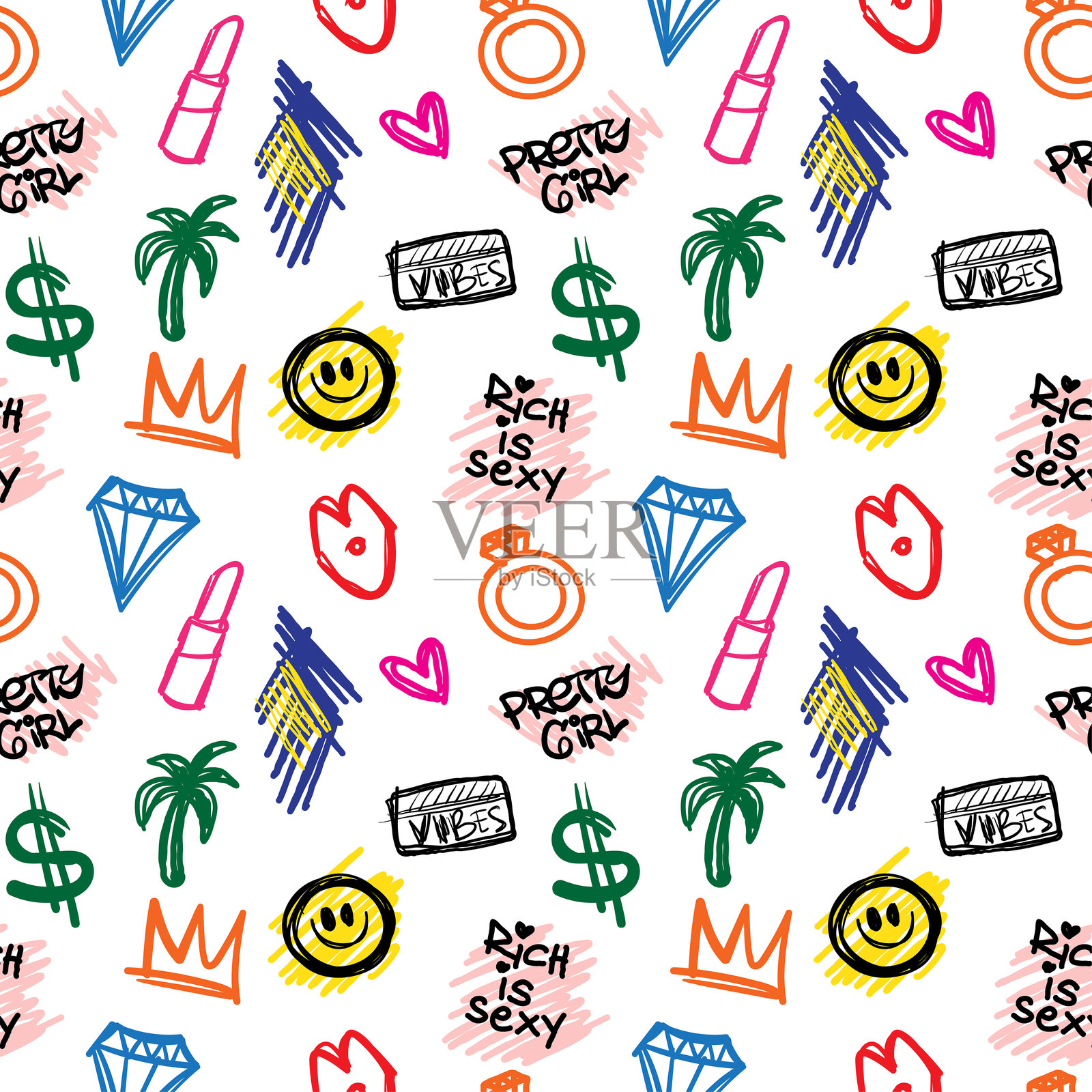 色彩丰富的手绘各种金融图标，涂鸦街头风格无缝图案插画图片素材