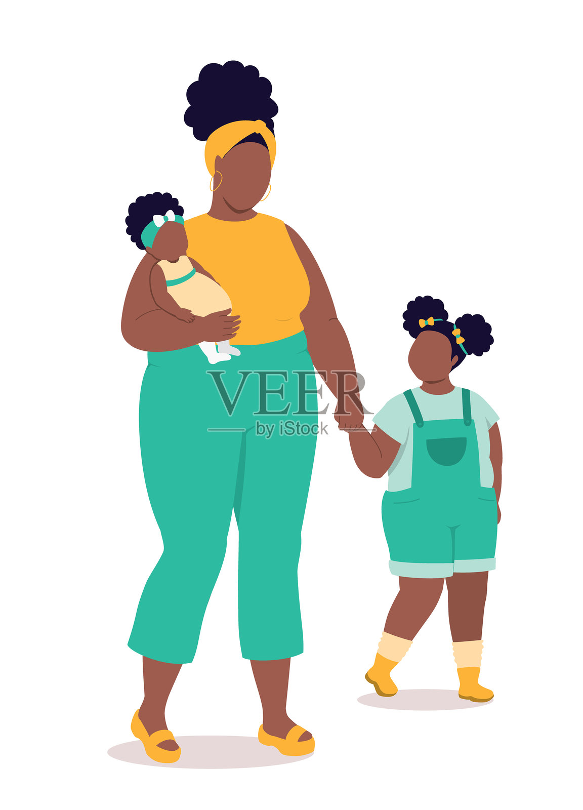 胖胖的黑人母亲抱着她的女婴，同时牵着她大女儿的手。插画图片素材