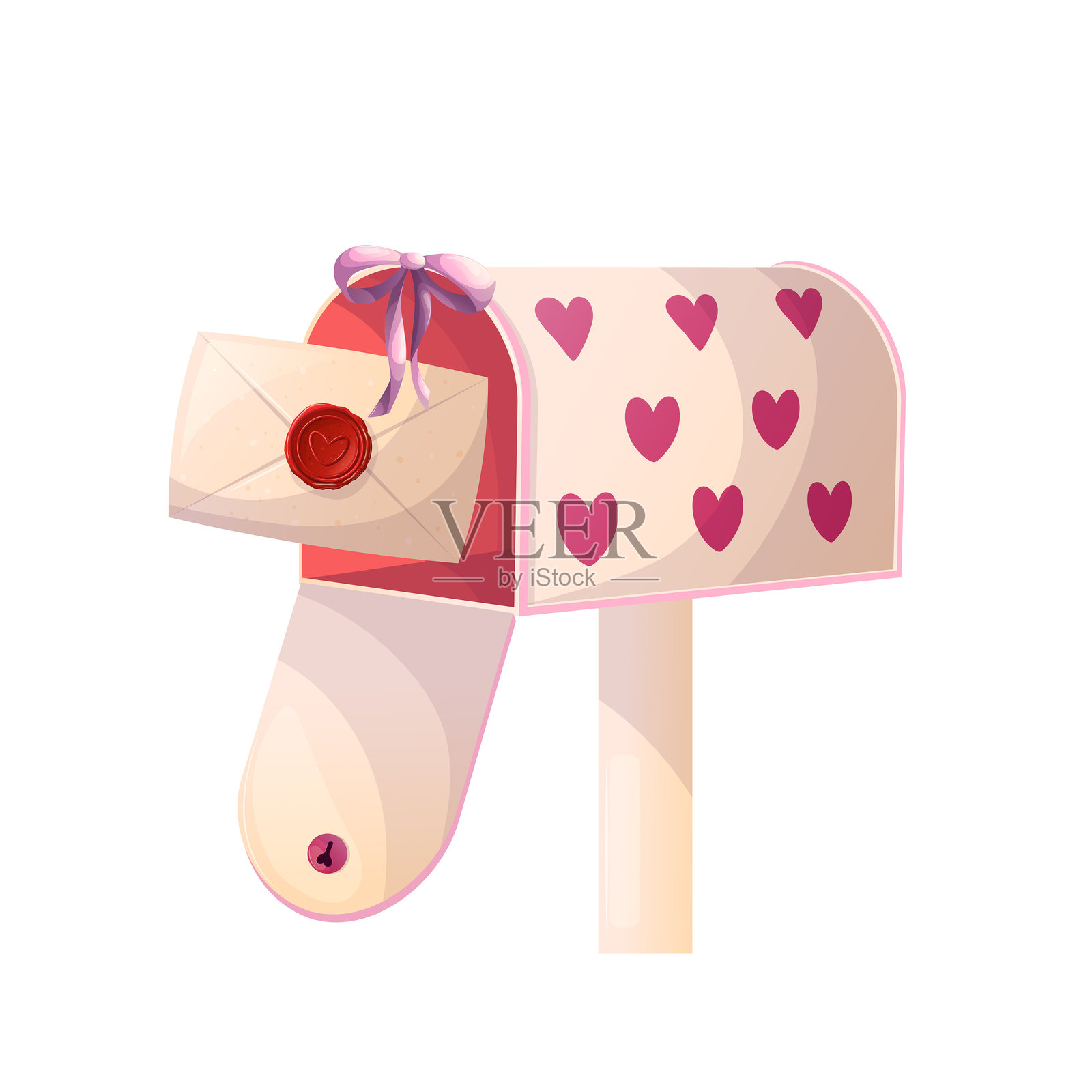 白色背景上的邮箱里放着一封情书。浪漫、爱情和情人节的概念。插画图片素材