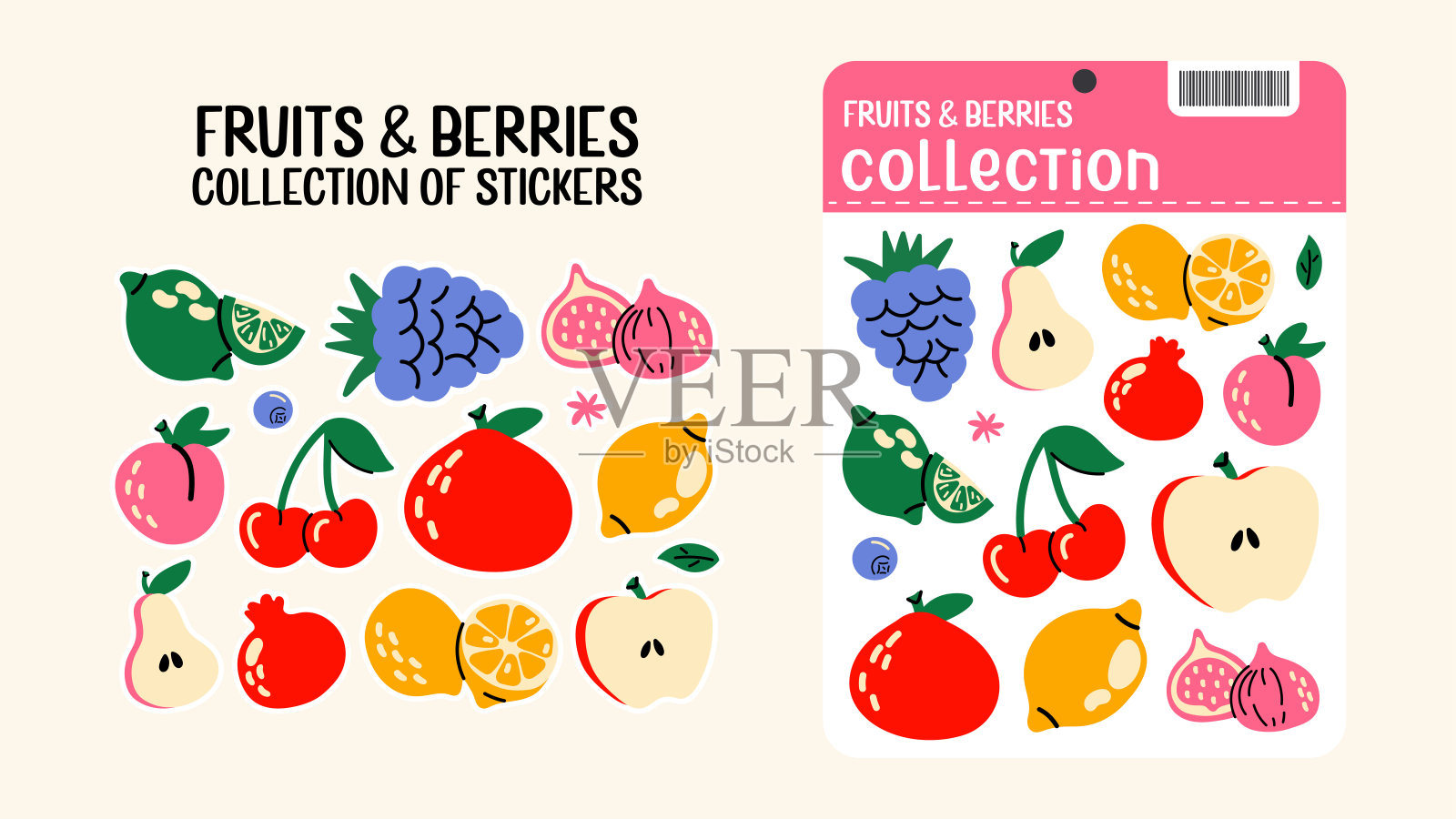 卡通水果和浆果贴纸。复古涂鸦风格的热带异国水果套装。素食健康食品，维生素。插画图片素材