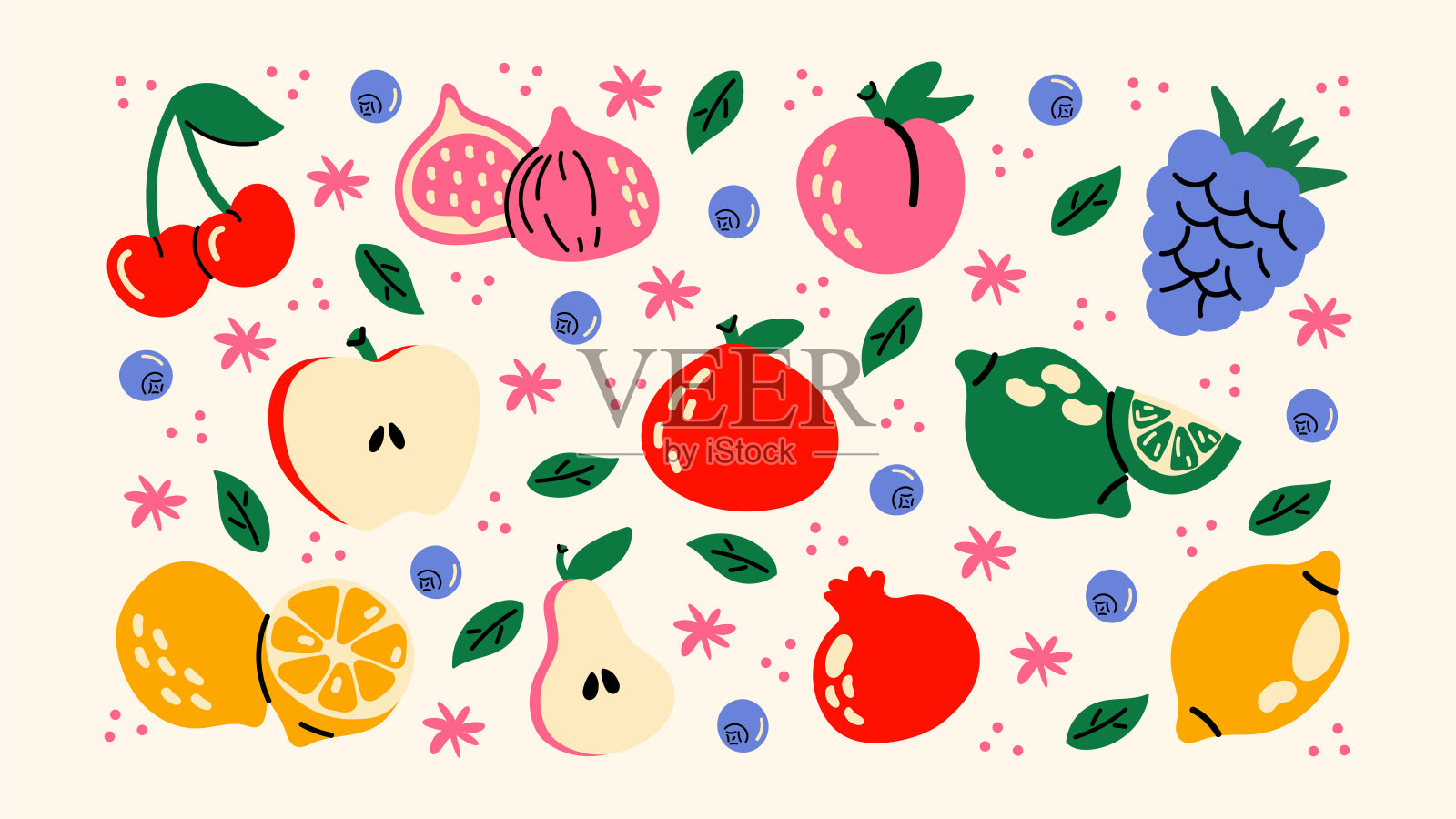 卡通水果和浆果贴纸。复古涂鸦风格的热带异国水果套装。素食健康食品，维生素。插画图片素材