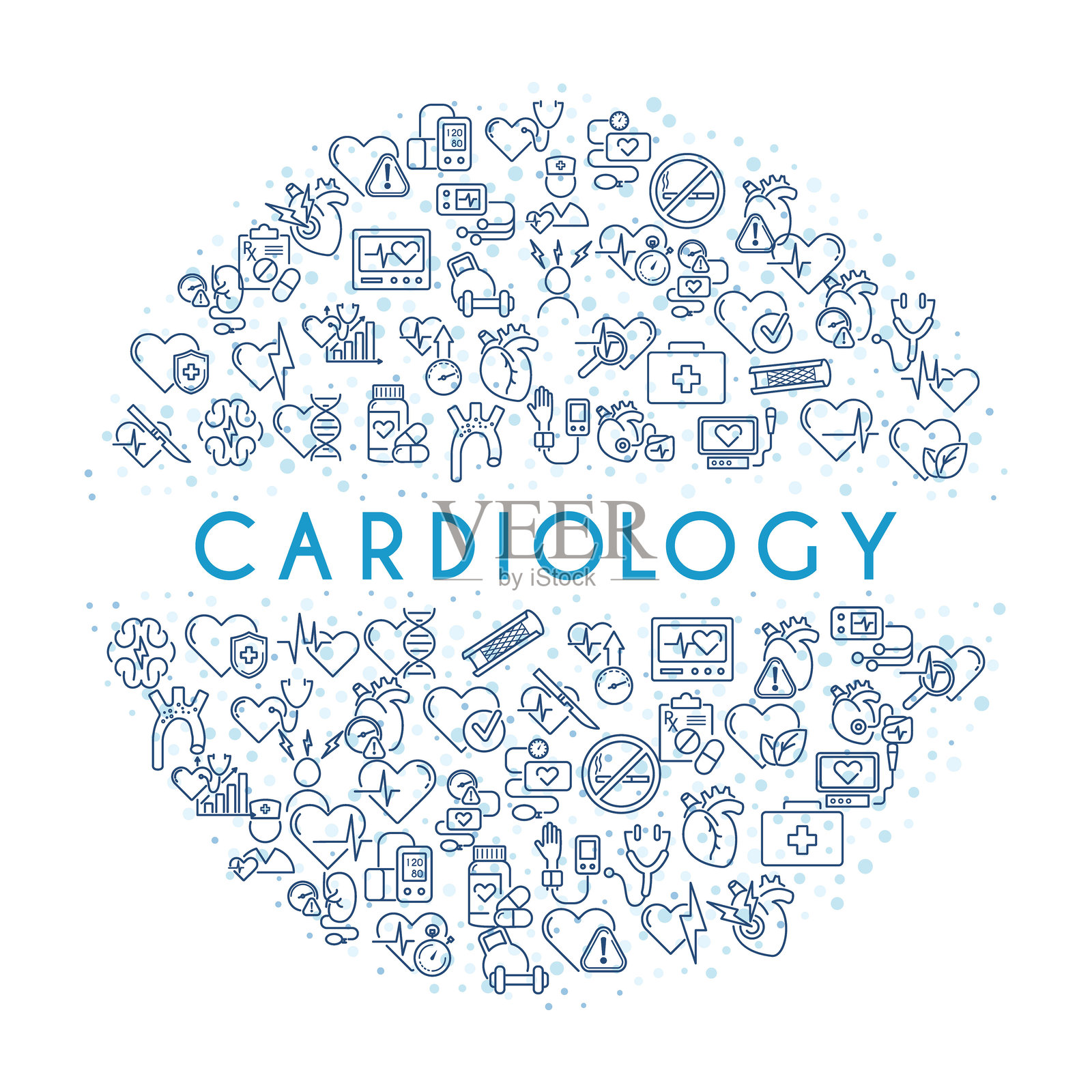 心脏病学海报模板。矢量线条图标，诊所用圆形插图。心脏、心电图、血管、血压、心脏病发作、心脏病专家。医疗保健横幅设计。插画图片素材