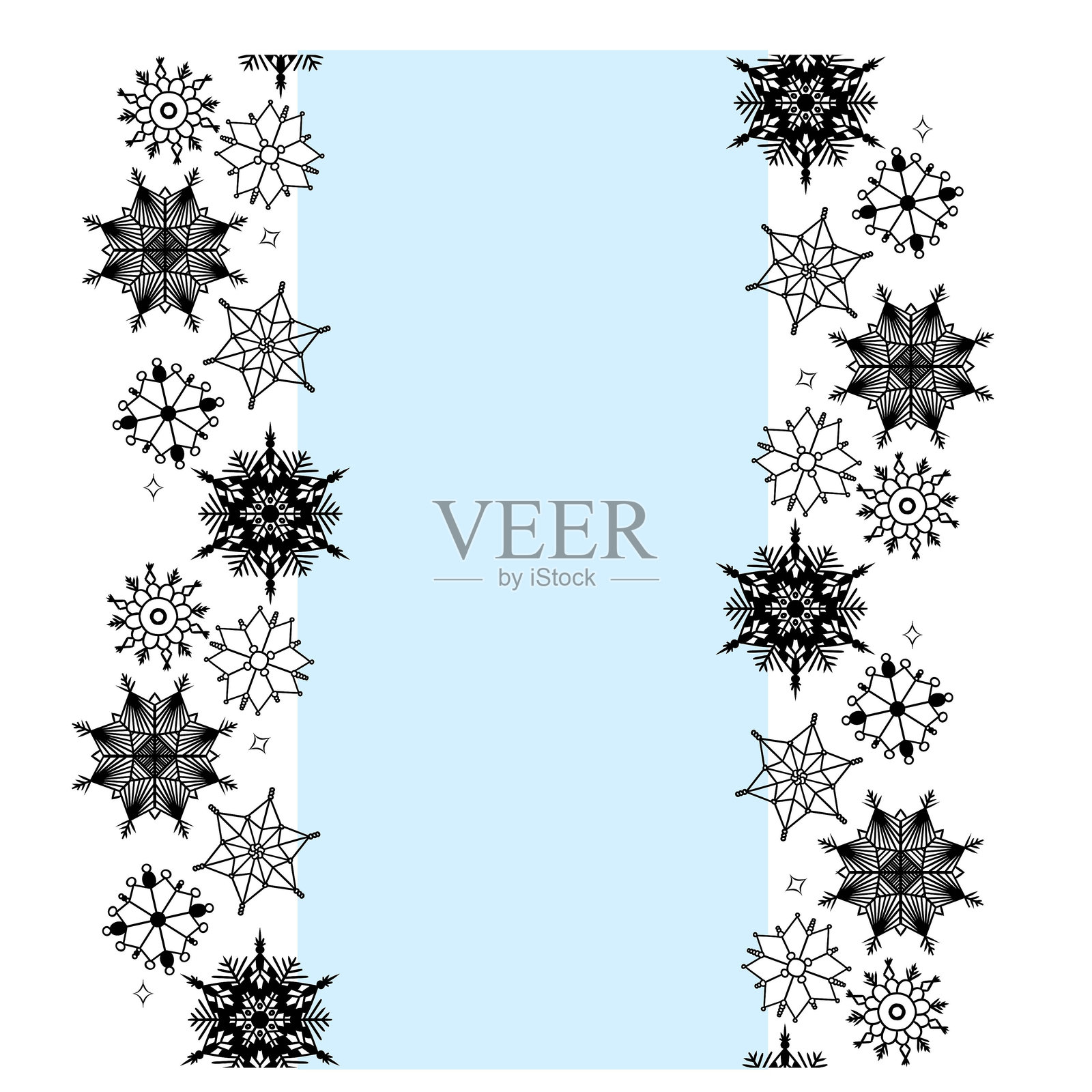 无缝边框框架下的雪花。冬季尘埃冰粒。适合您文本的矢量图形线条模板。雪暴风景，魔幻自然幻想中的降雪。插画图片素材