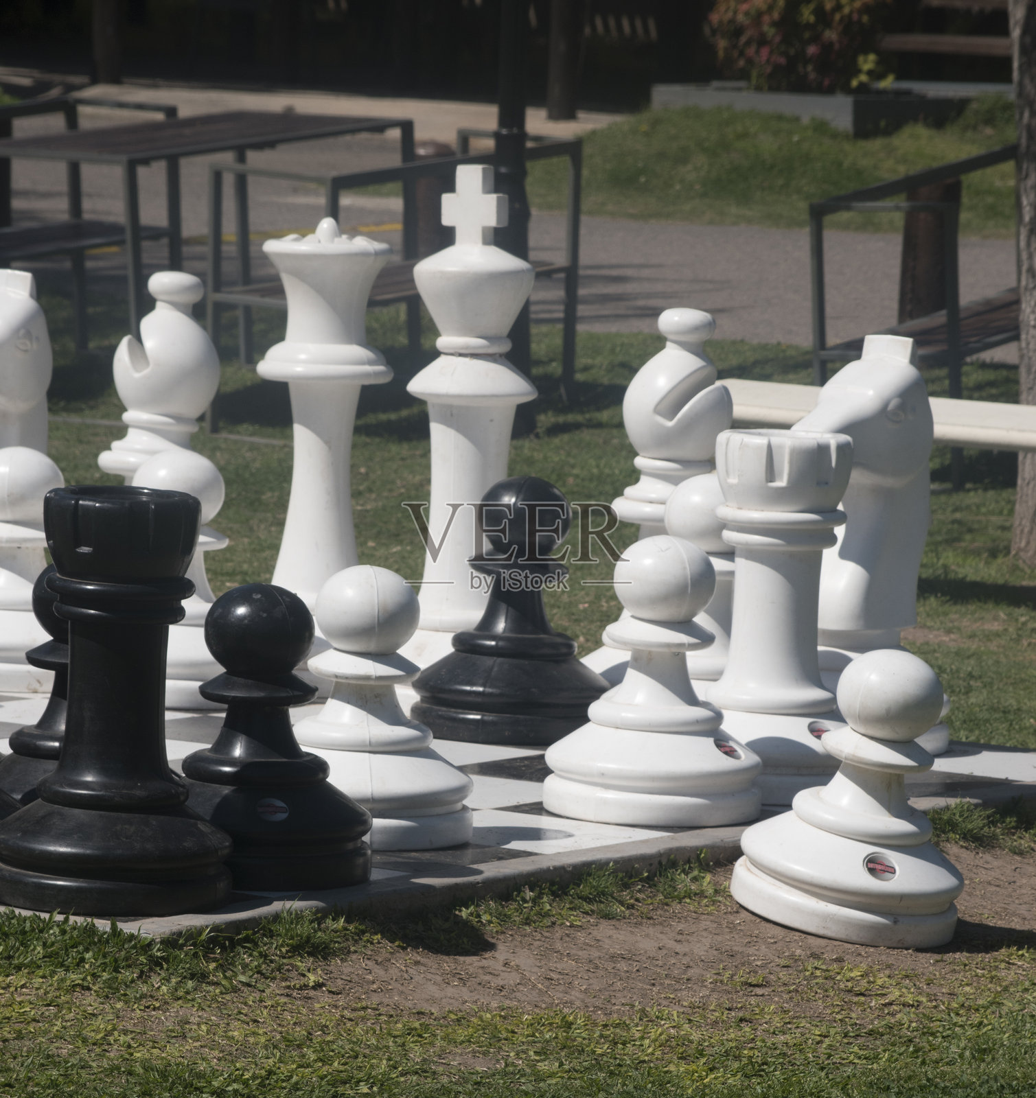 黑白棋子的花园棋局照片摄影图片