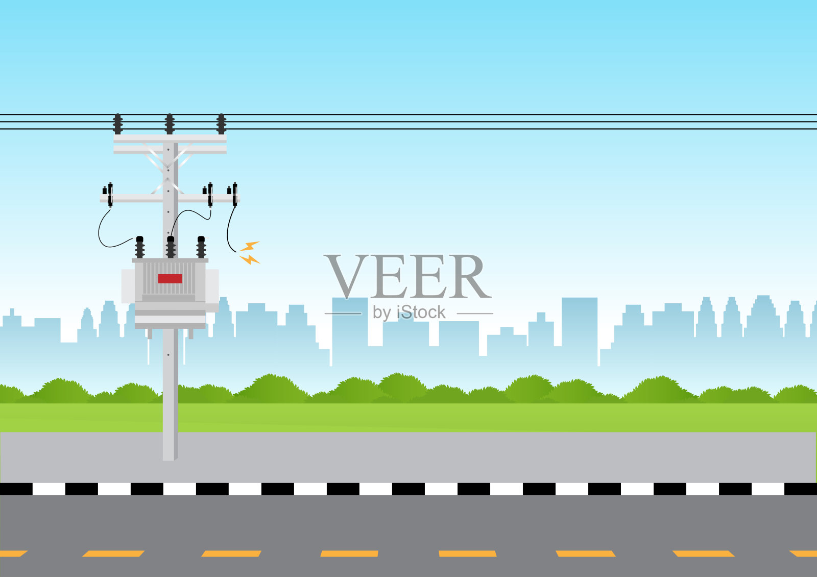 电线杆和电力变压器损坏，短路火花。电线杆。电力杆。电力传输。插画图片素材