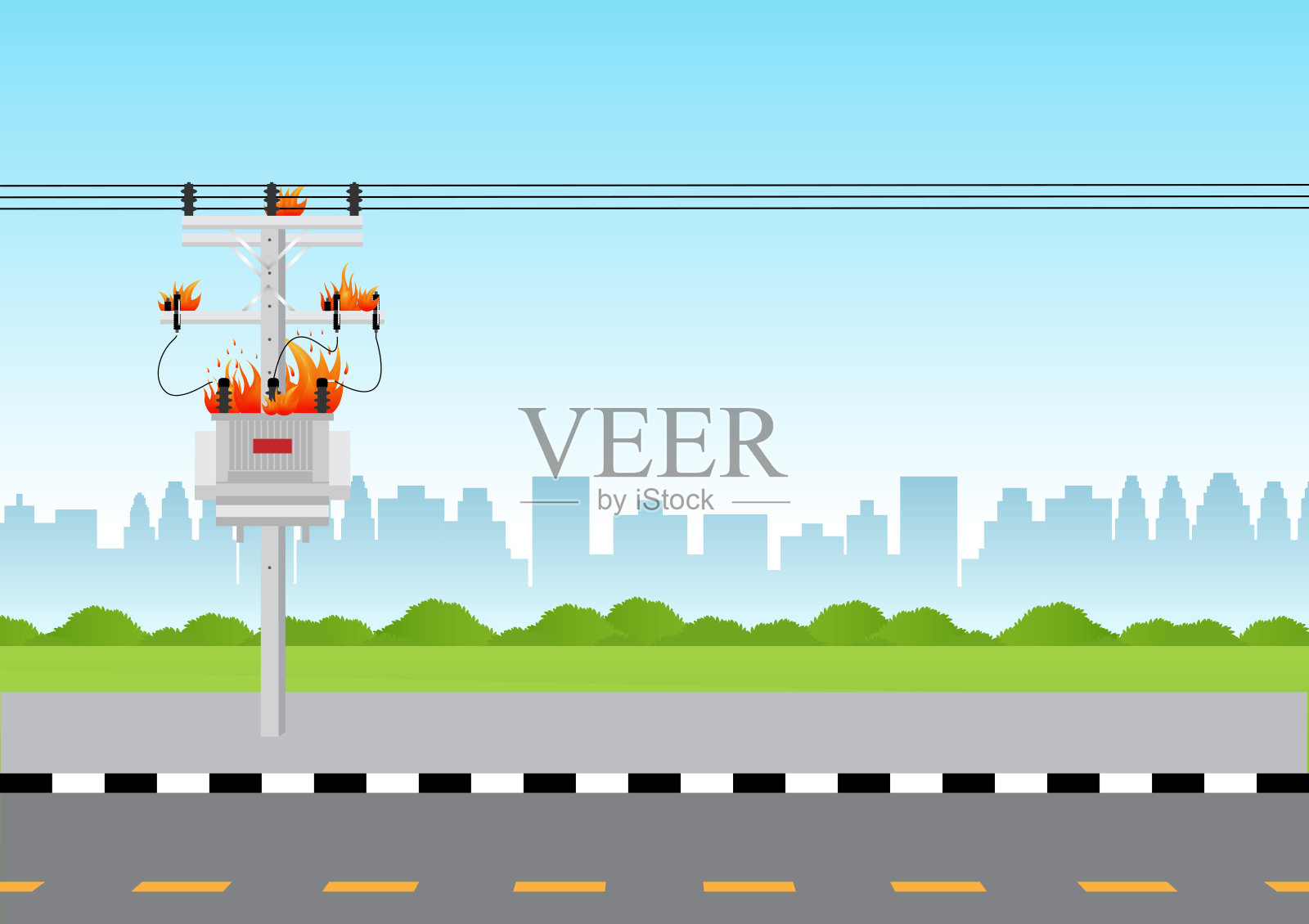 电线杆和电变压器损坏，冒出火花。电线杆。电力杆。电力传输。插画图片素材