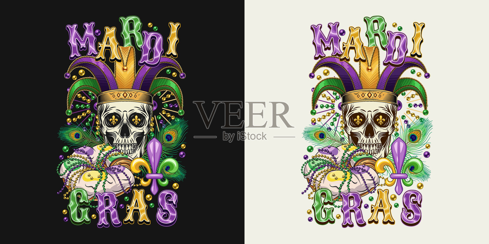 人类头骨与小丑哈雷昆帽子的组合，传统节日狂欢节的食物国王蛋糕。孔雀羽毛，后面有珠子。T恤图案设计。插画图片素材