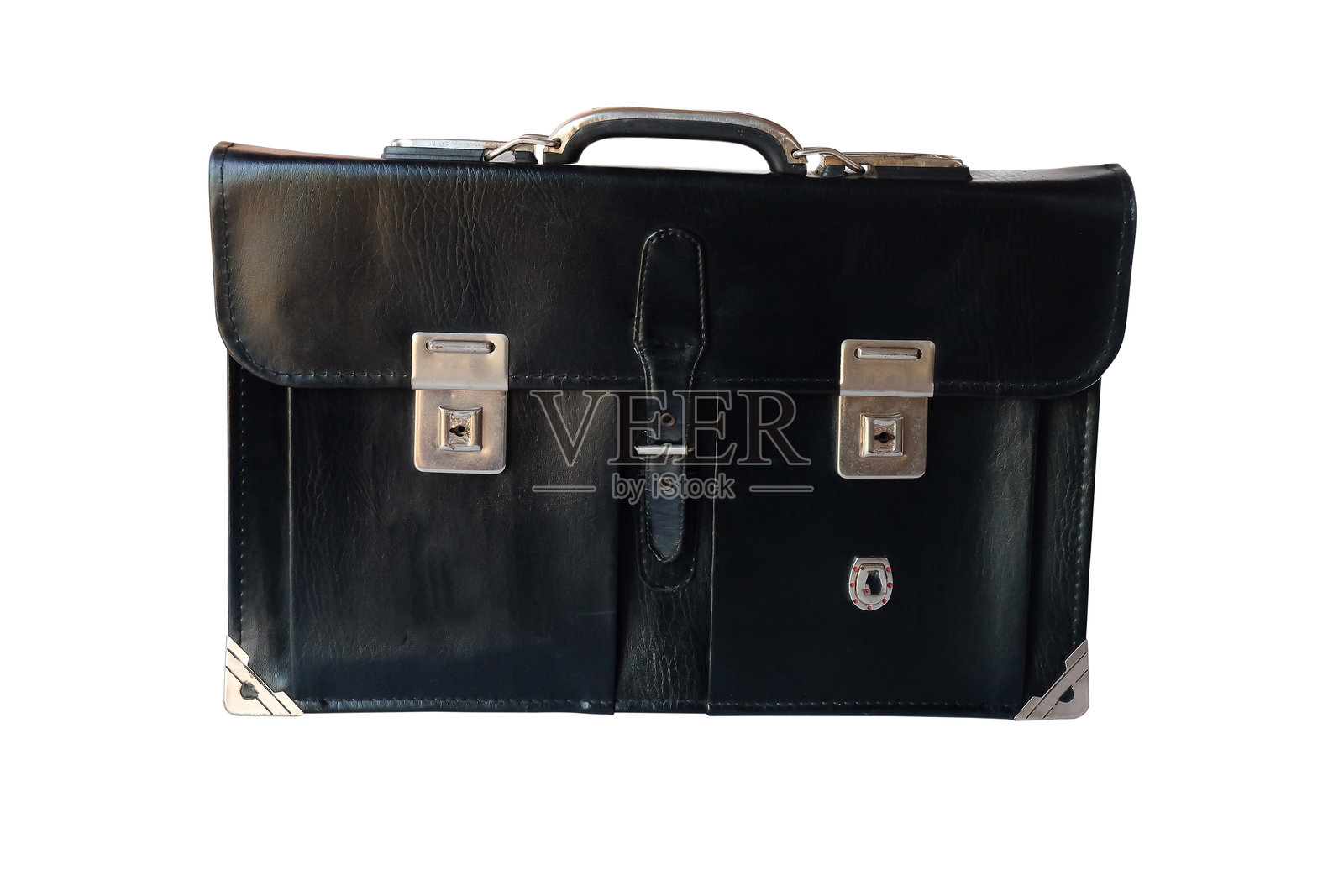 白色背景上的黑色皮革包。照片摄影图片