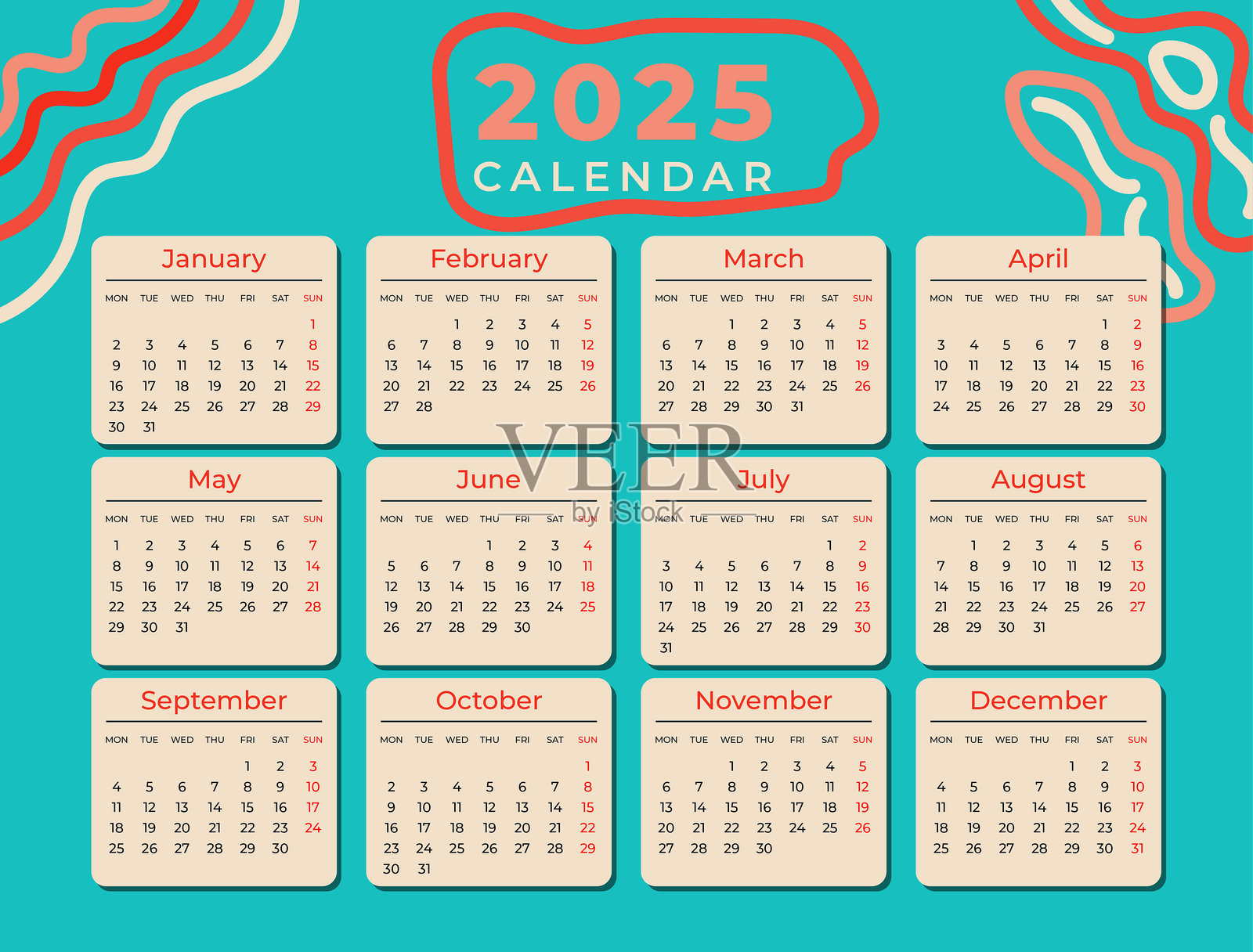 2025年日历，手绘波浪线和青绿色背景。插画图片素材