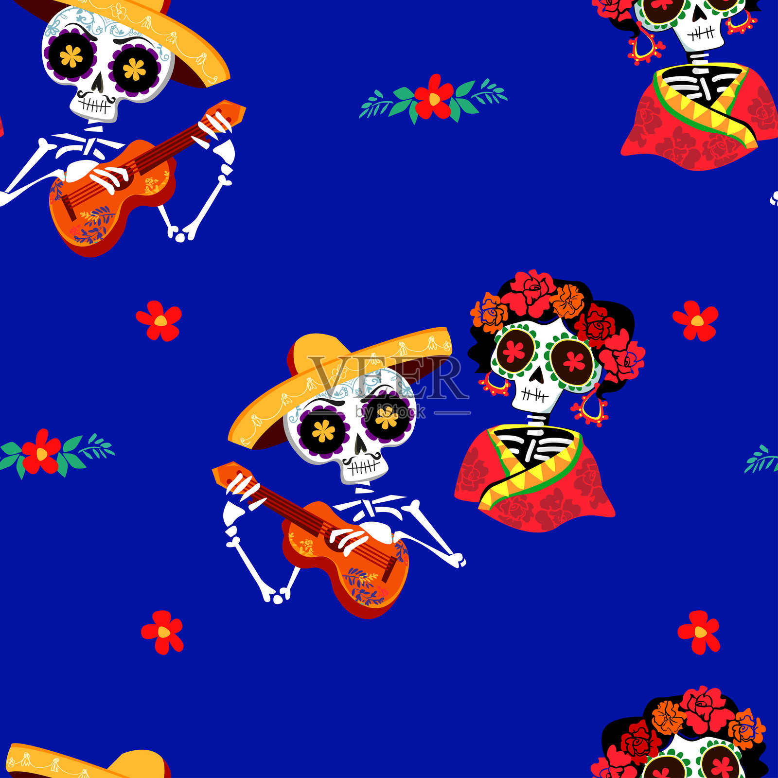 亡灵节图案无缝矢量插图。装饰骷髅。插画图片素材