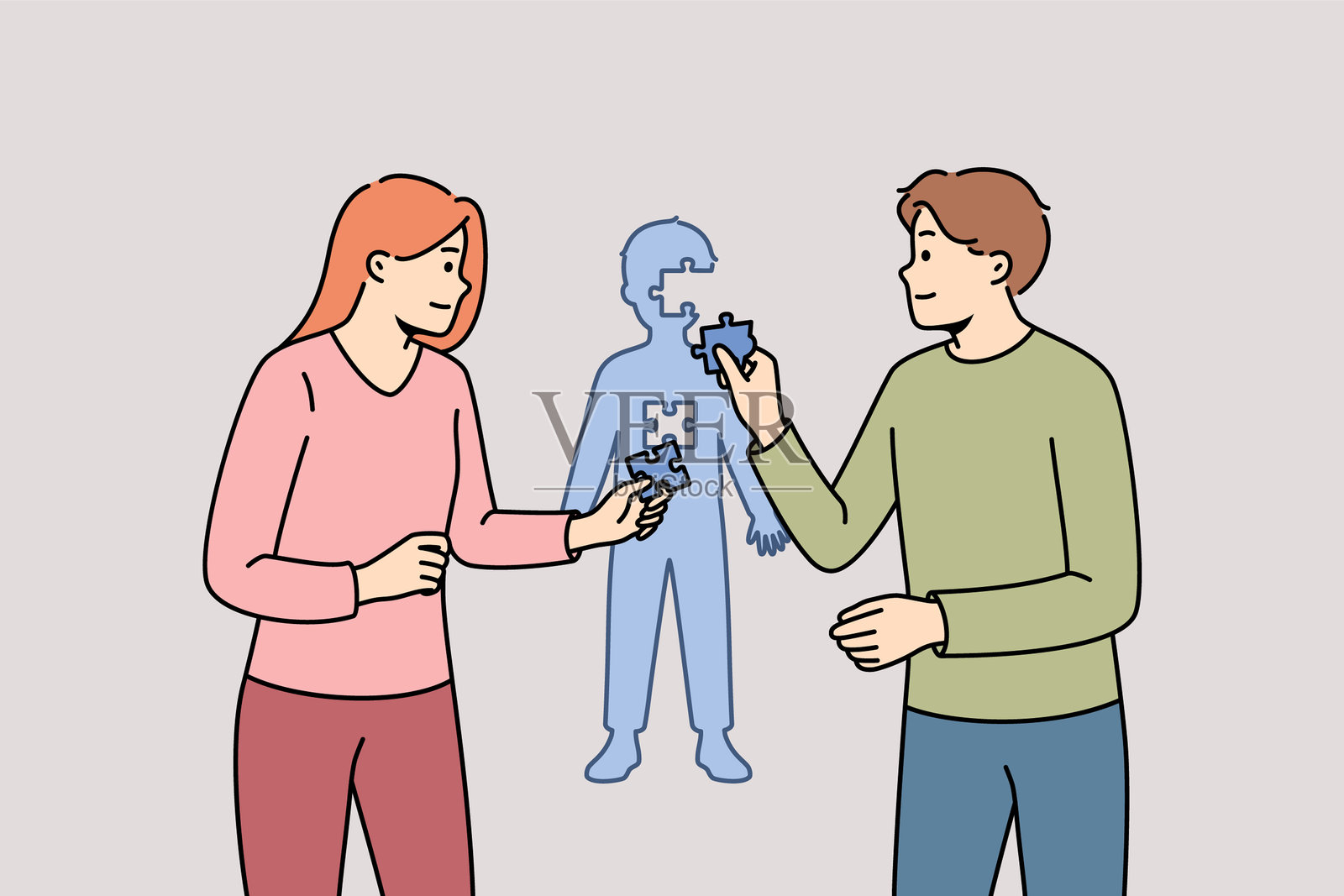 父母通过拼图组装孩子形象来塑造孩子的个性插画图片素材