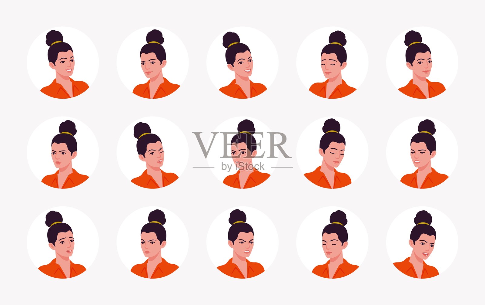 美丽的现代女商人，棕色发髻女性头像肖像集插画图片素材