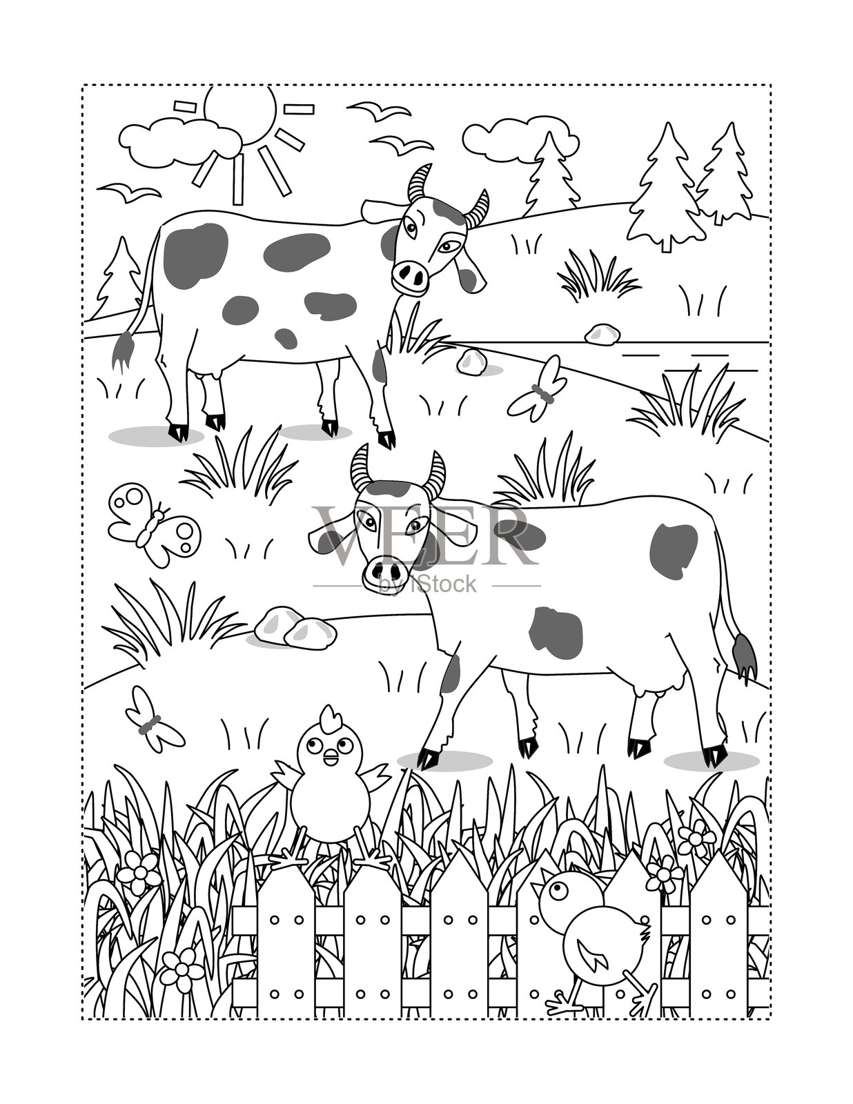 涂色页，带有斑点的奶牛在牧场上吃草，围栏，顽皮的小鸡插画图片素材