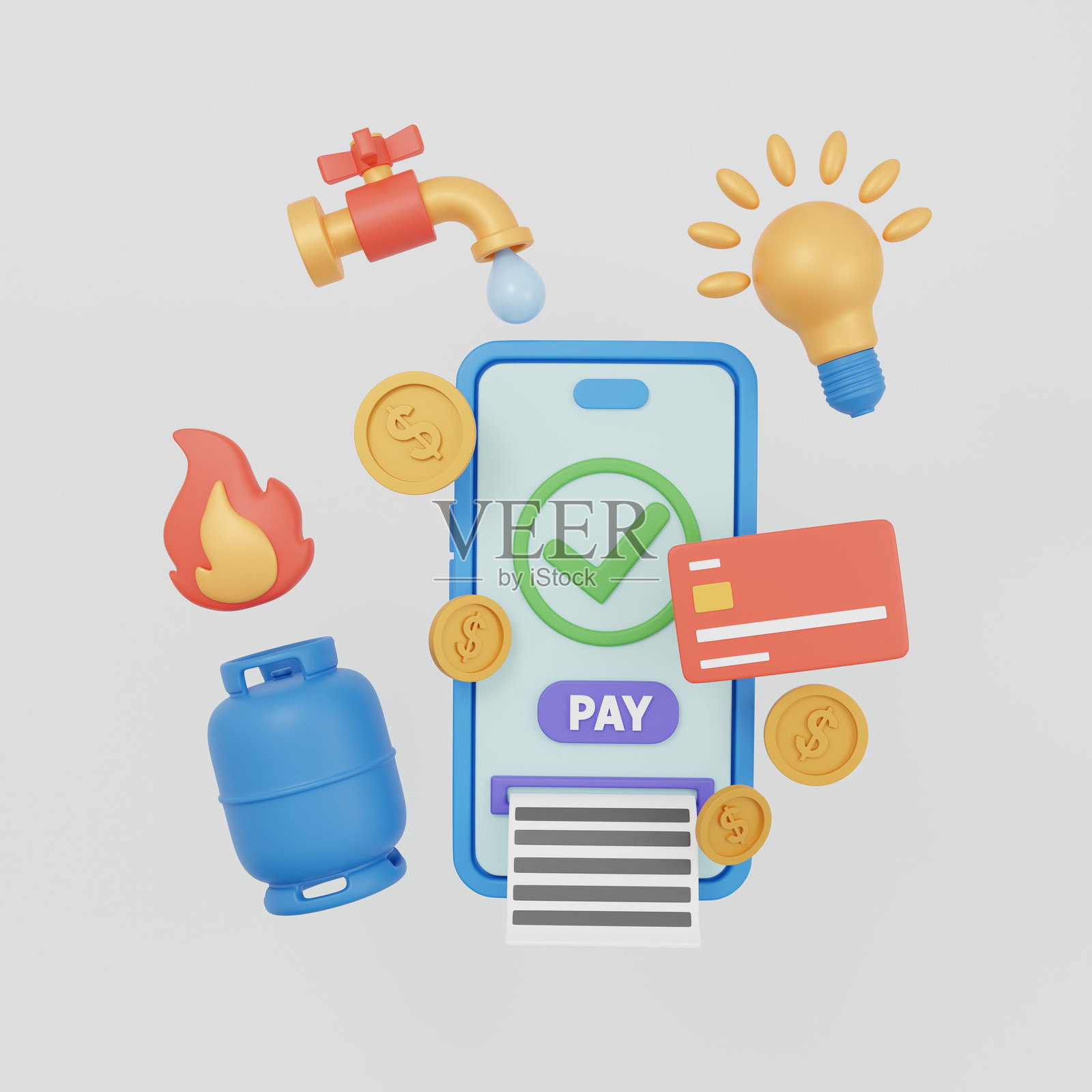 智能手机与在线支付应用、银行卡、现金、水龙头、煤气罐和灯泡。照片摄影图片