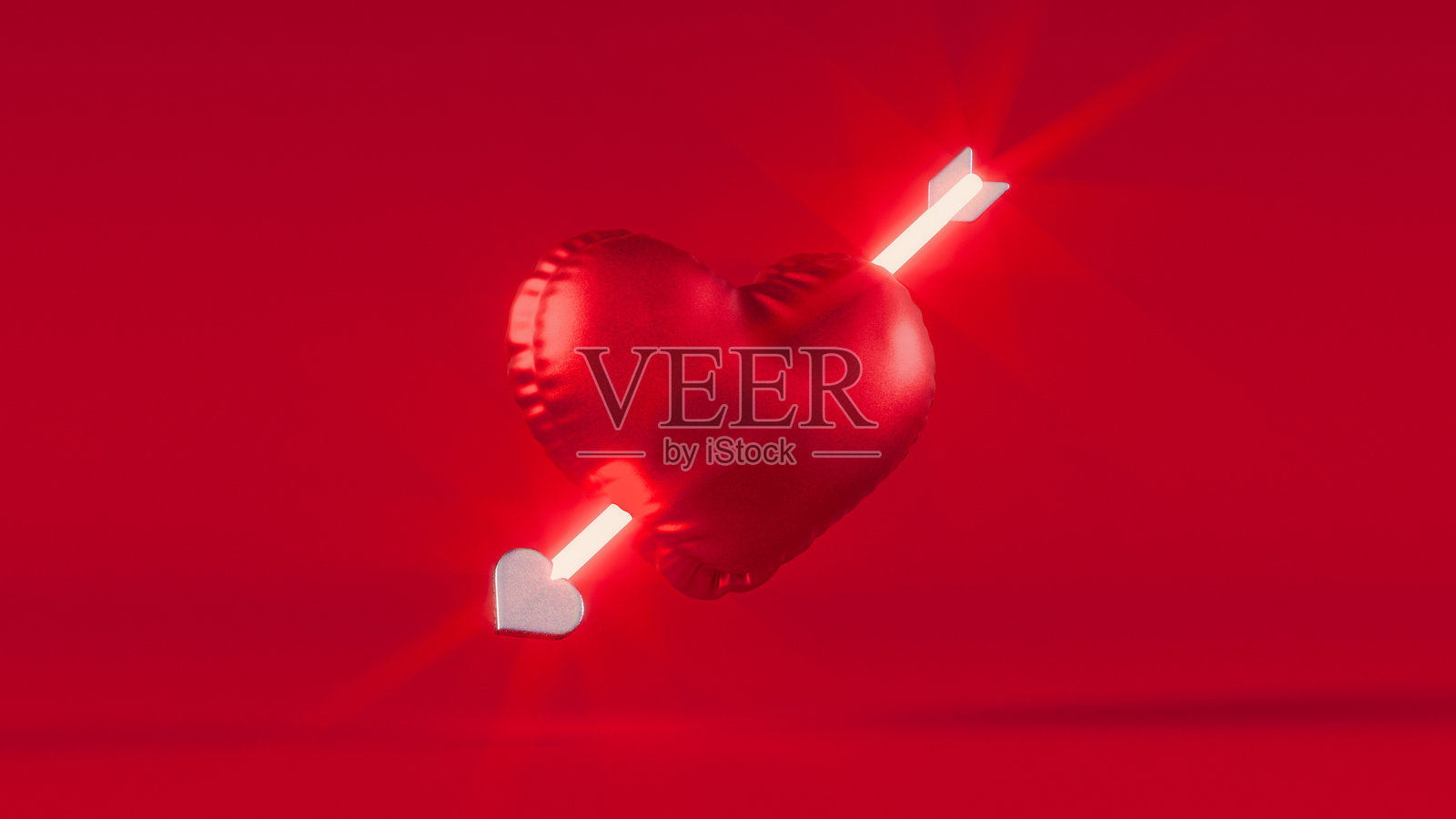 红色背景上的心形气球与天使箭。情人节概念。3D渲染。照片摄影图片