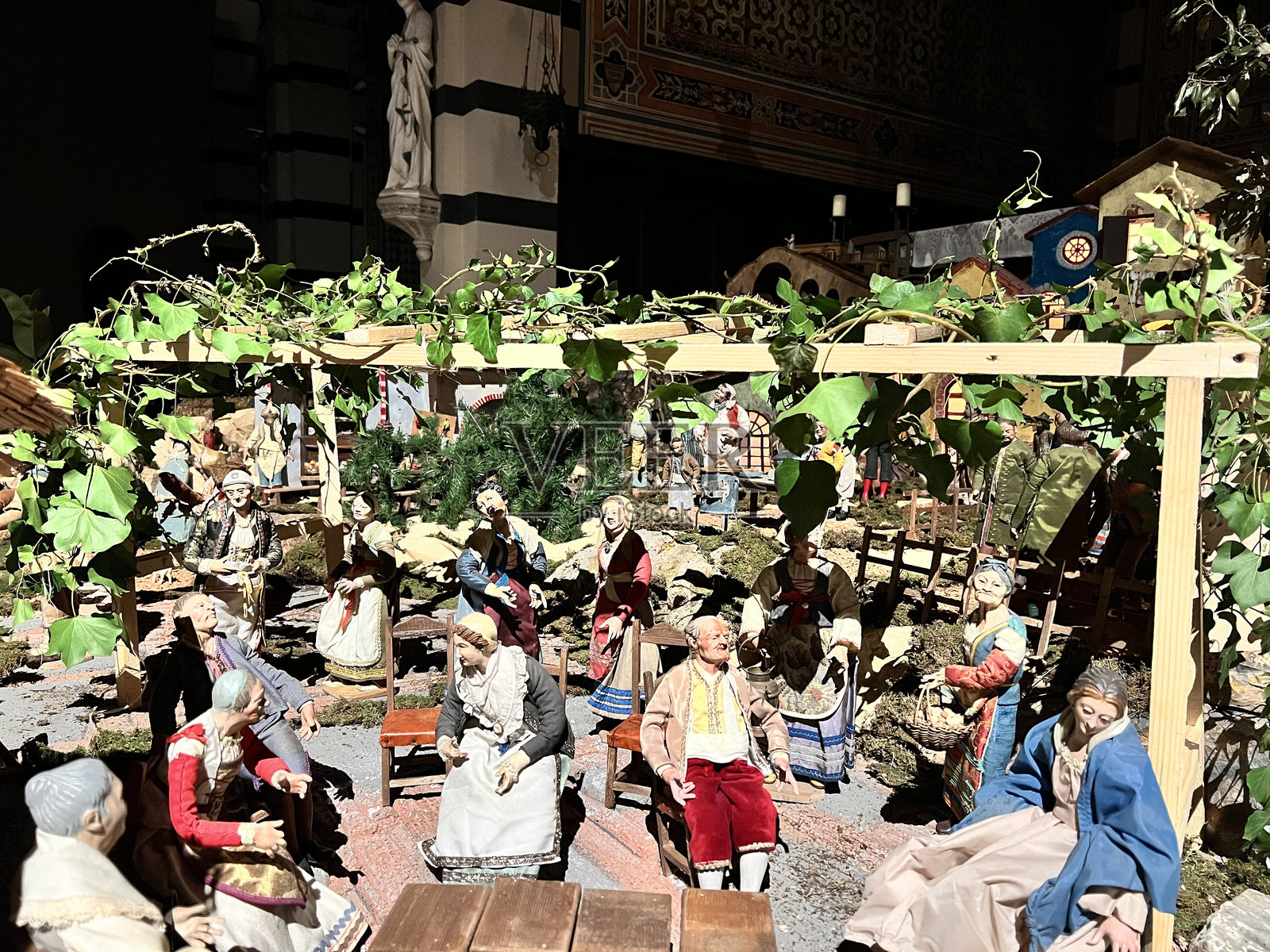 凉棚下的乡村生活：圣卡特琳娜的圣诞耶稣诞生场景细节照片摄影图片