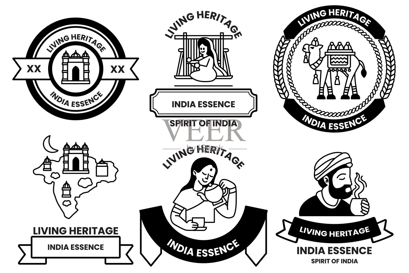 印度文化和印度旅游概念的线条画插图集插画图片素材