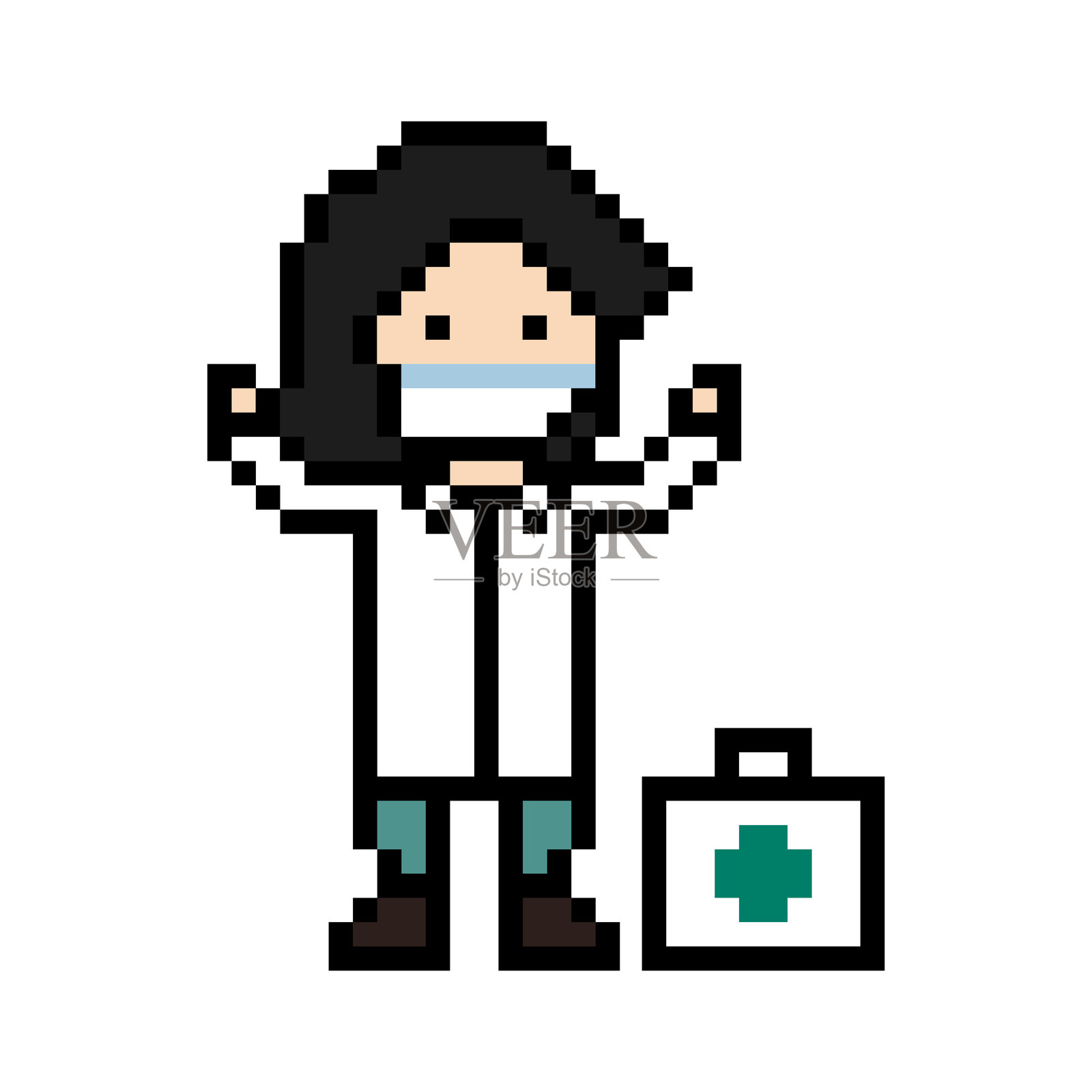 可爱的像素卡通8位角色女性医生或科学家，游戏中护理装饰，药剂师女医生，医院制服，8位像素艺术游戏，8位矢量图。插画图片素材