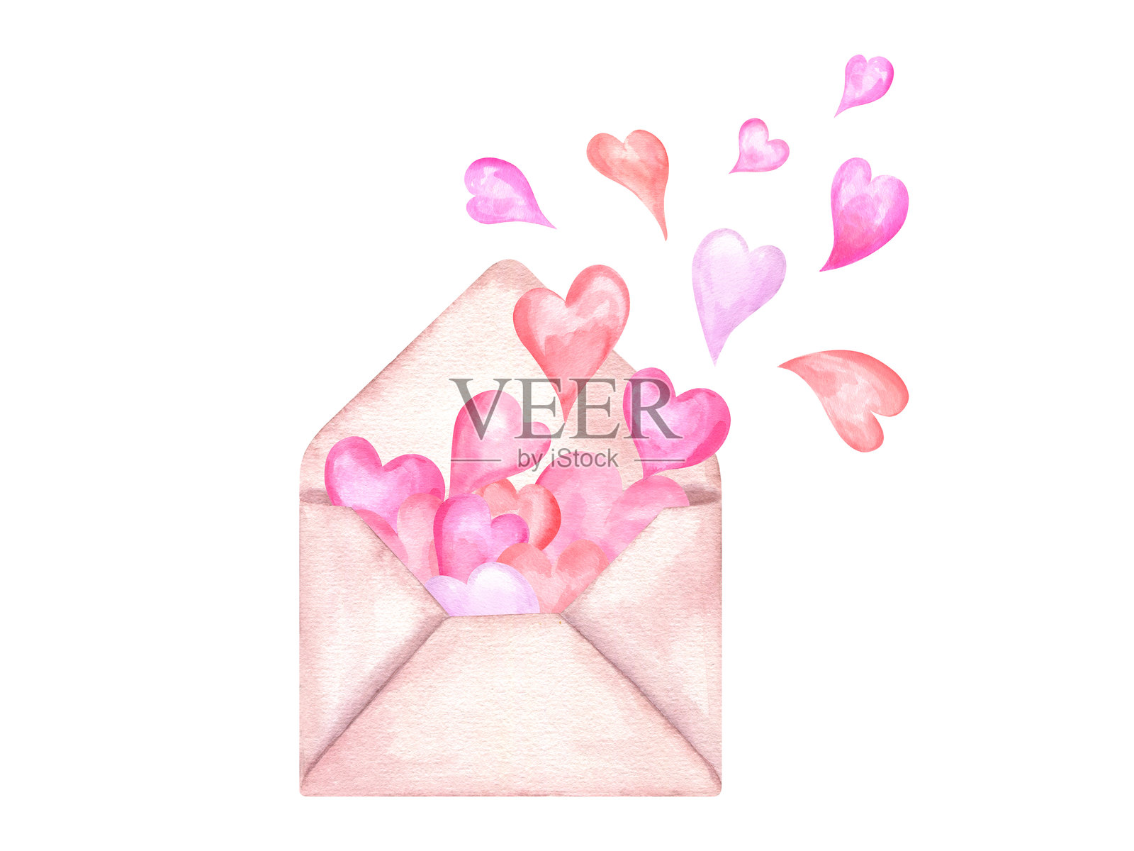 粉色和红色的心形图案从打开的信封中飞出，水彩插图，背景为纯色。情人节设计的爱情信件。适合海报和妇女节邀请卡的浪漫元素。插画图片素材