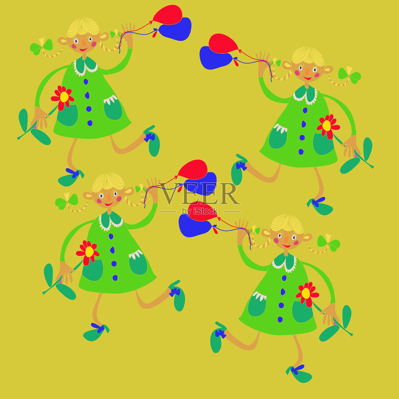 手绘的彩色女孩与气球装饰。插画图片素材