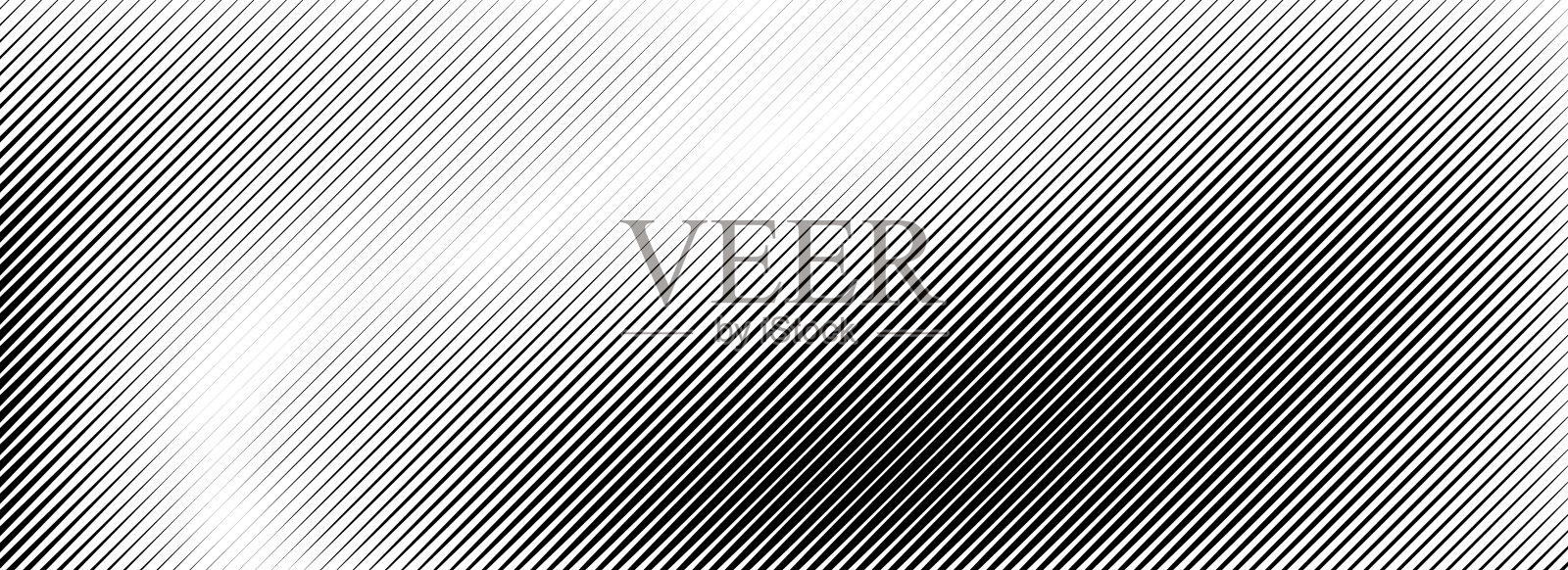 渐变线性纹理。黑色斜条纹渐变背景。细到粗的倾斜图案背景。斜向消失的平行线条壁纸。矢量直线叠加。插画图片素材