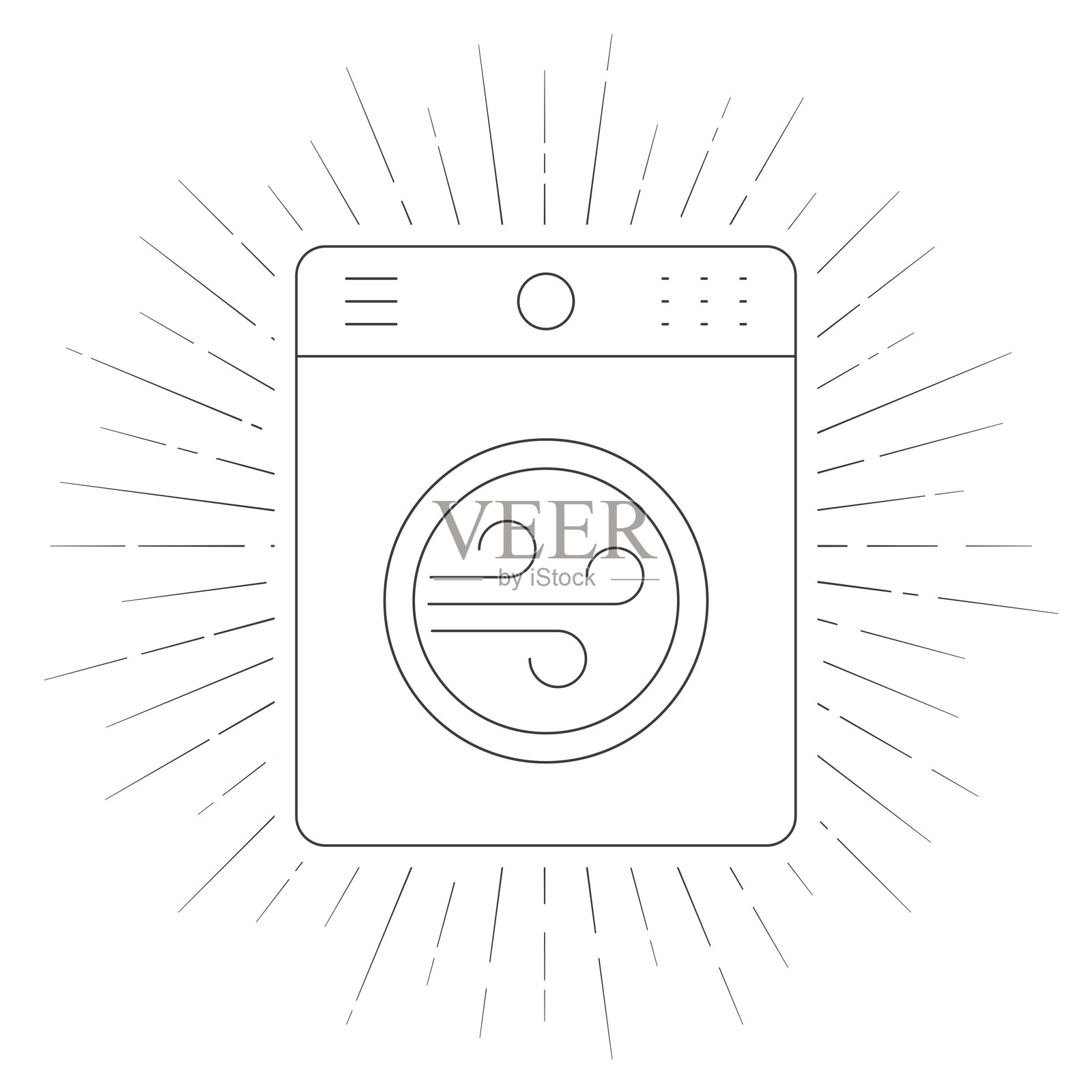 干衣机。白色背景上的线条图标，带有阳光辐射效果。插画图片素材