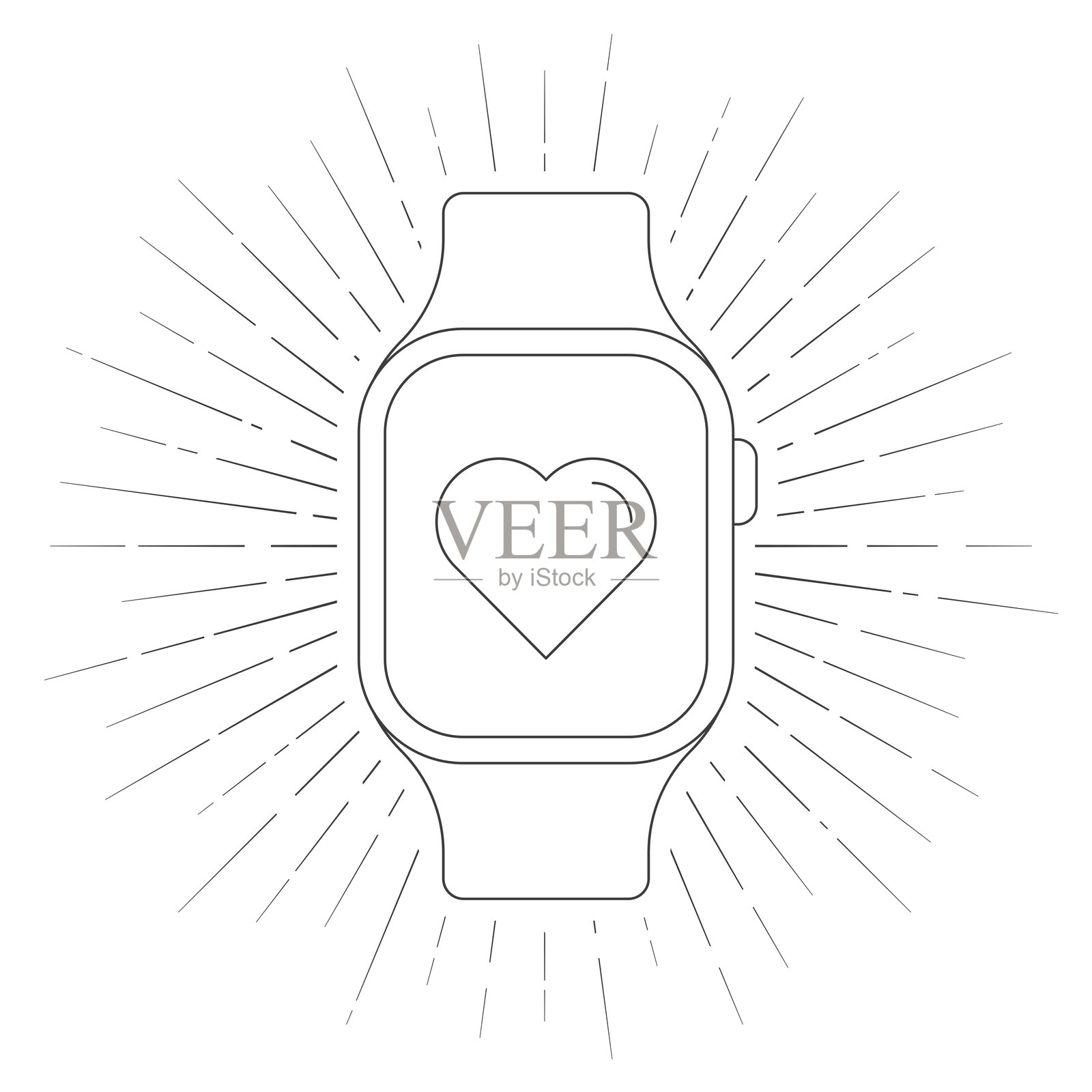带心脏的智能手表。白色背景上的线条图标，周围有光芒四射的效果。插画图片素材