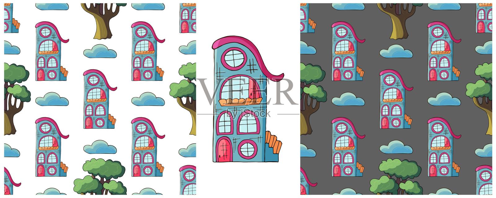 房屋。城市无缝图案。手绘风格的图案插画图片素材