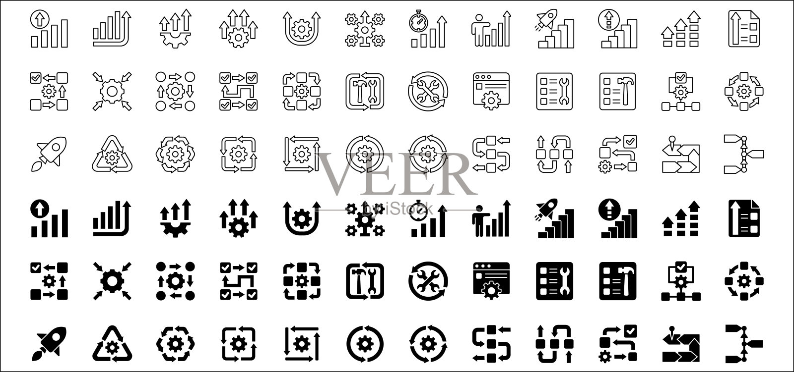 商业改进发展图标集。包含增长、进步、管理、流程、维护、增加、利润、收益、优化、步骤的符号和图标。矢量平面细线设计。插画图片素材