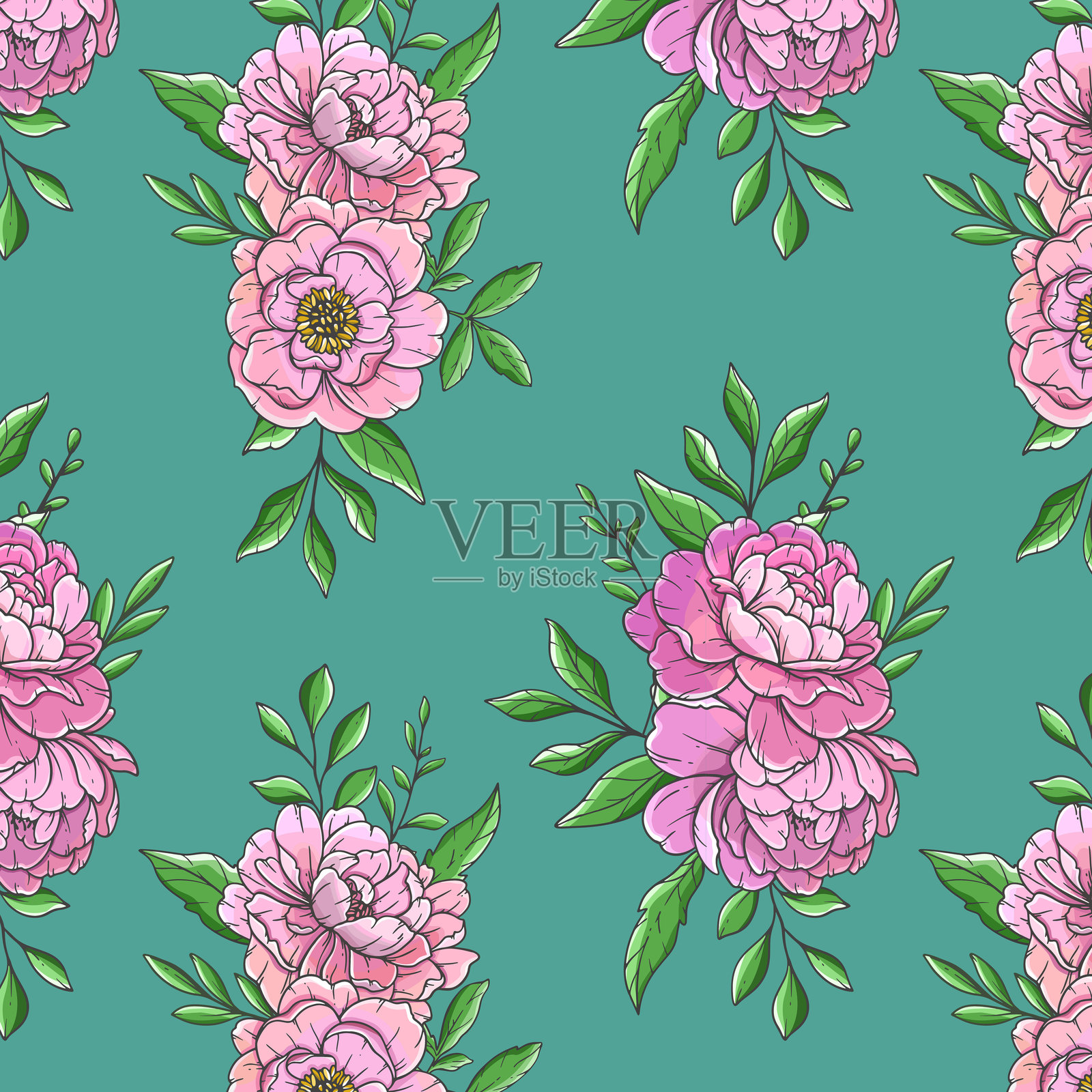 牡丹无缝背景插图。牡丹无缝图案。带有粉色牡丹的花卉背景。春季植物背景，适用于壁纸、墙面艺术、婚礼、包装纸和贺卡。插画图片素材