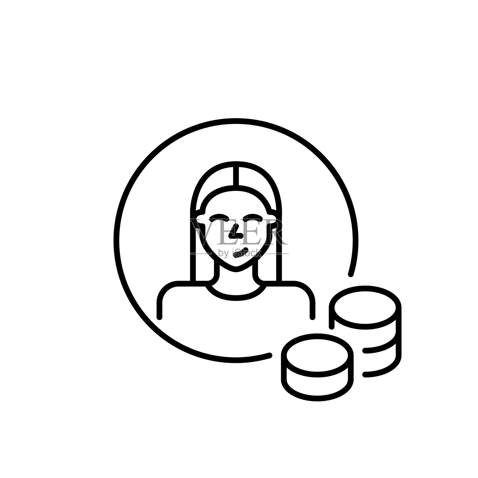 年轻女性头像与一堆硬币。个人财务管理、账户余额和用户收入。像素完美，可编辑的线条图标插画图片素材