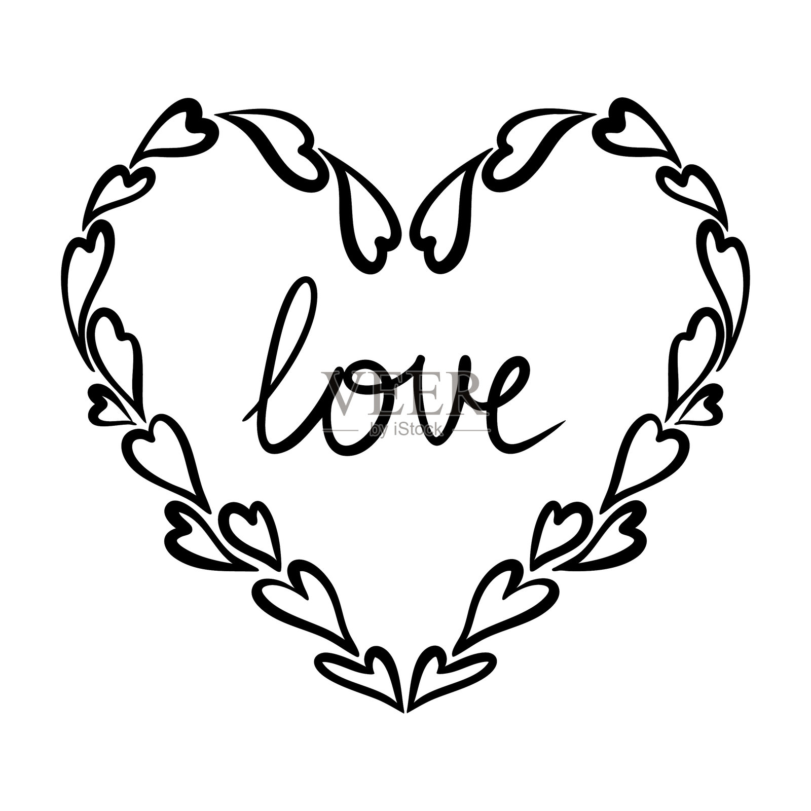 线条艺术风格的心形和爱情插图。图形单色绘画。手绘心形轮廓草图，墨水插图。婚礼邀请、情人节、纹身的设计元素。插画图片素材
