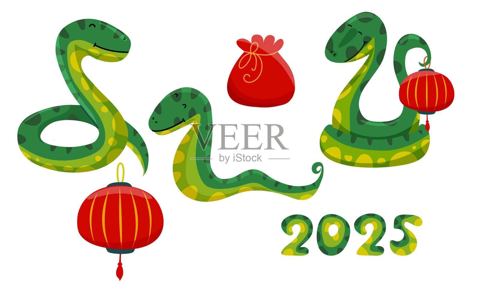 一组绿色蛇、红色袋子和传统灯笼，象征着2025年蛇年。适用于春节装饰、贺卡和节日设计。矢量插图插画图片素材