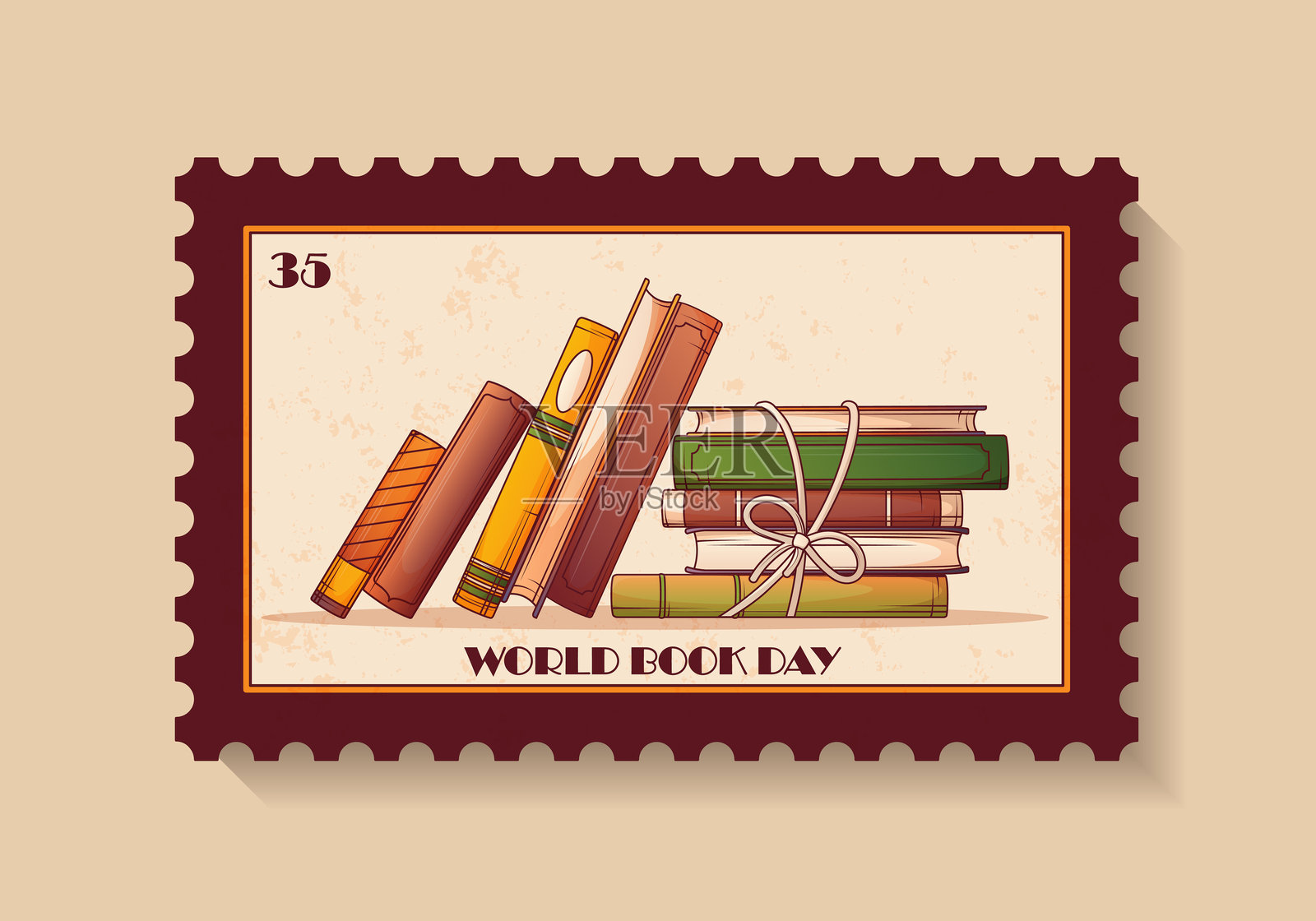 世界读书日邮票，插图为一堆书籍。矢量插图。插画图片素材