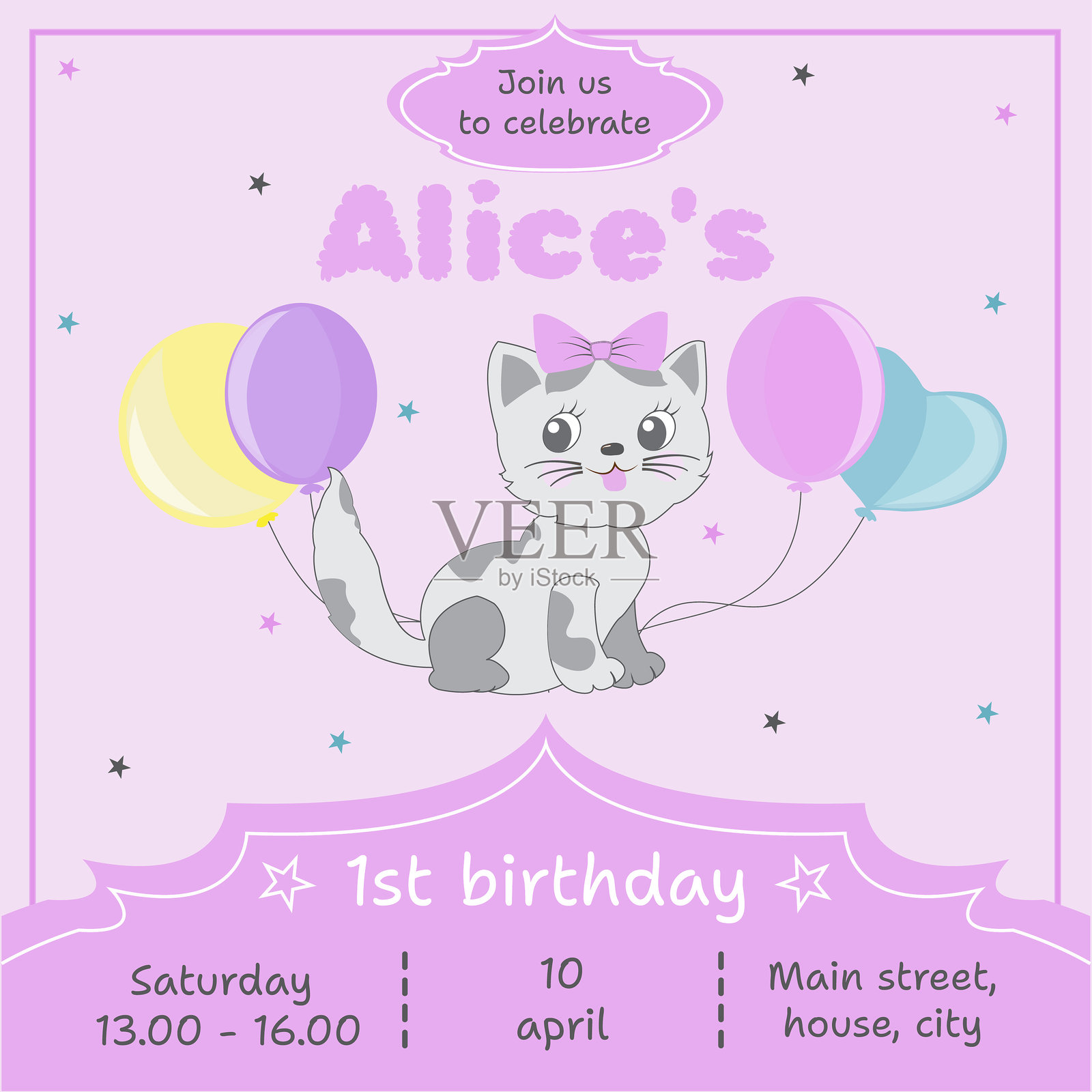 儿童生日，生日邀请，可爱的猫咪，带蝴蝶结的猫咪插画图片素材