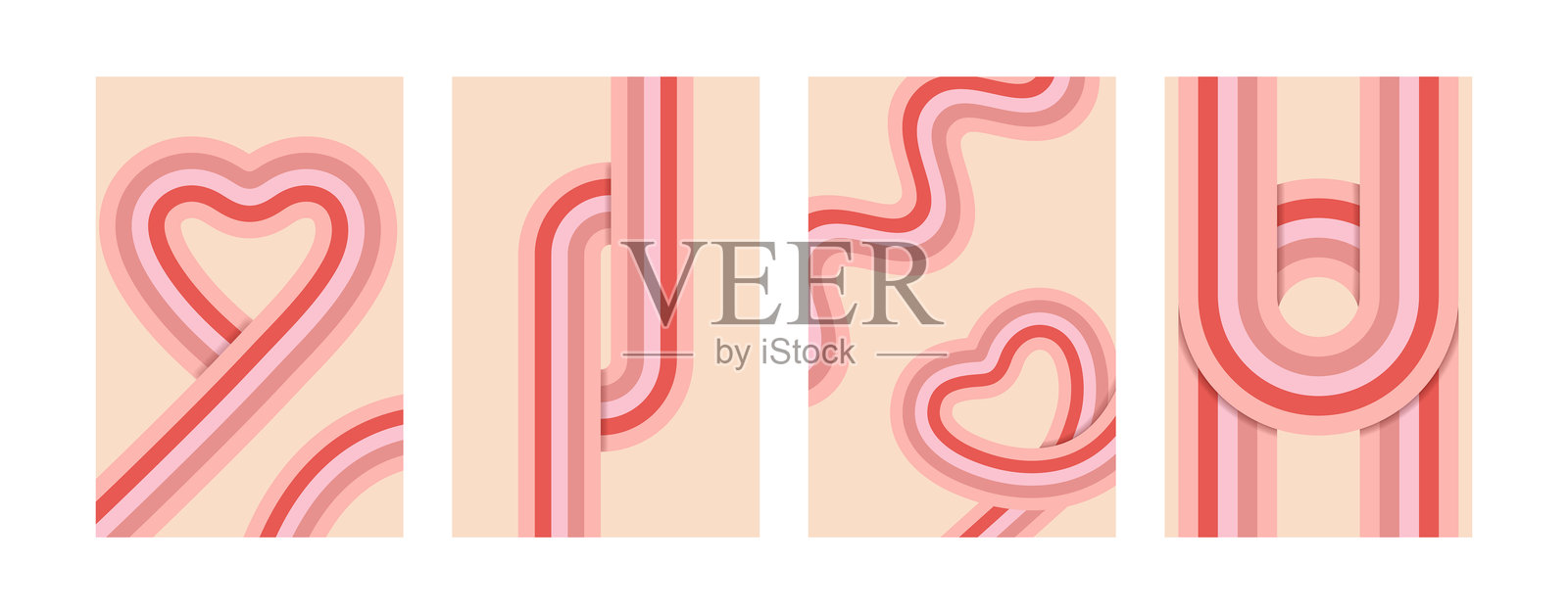 复古情人节海报，70年代风格。复古几何背景配有粉色线条。插画图片素材