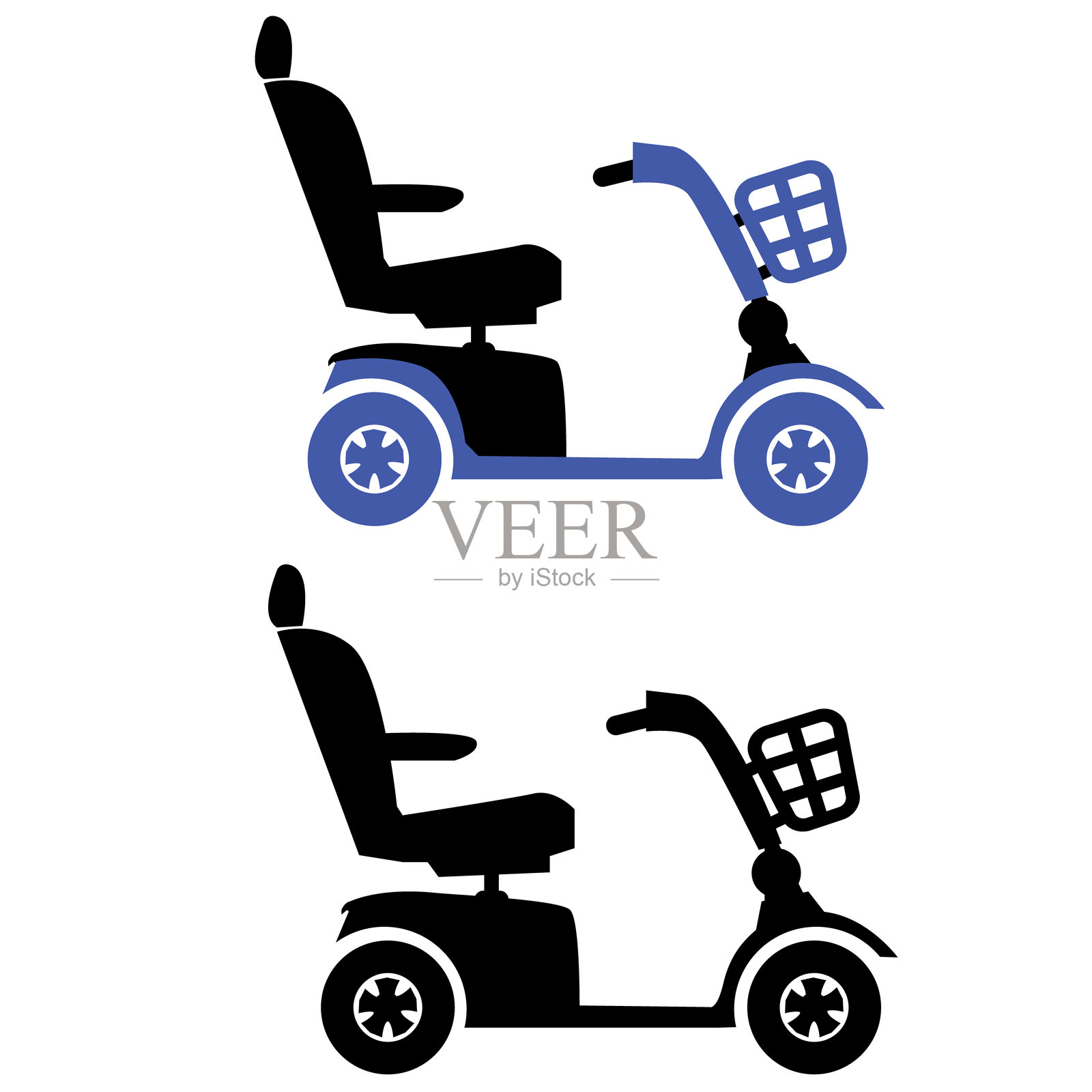 移动滑板车图标。残疾人电动轮椅标志。快速运输送货卡车符号。电动移动滑板车标志。扁平风格。插画图片素材