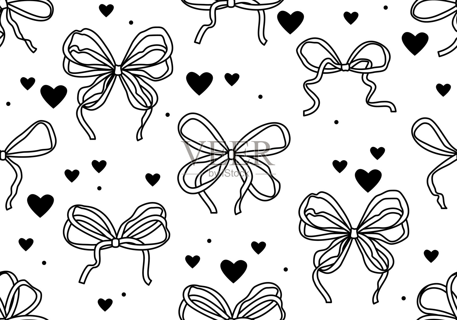 无缝图案，包含蝴蝶结和心形。时尚浪漫的卷曲装饰矢量图案，带有蝴蝶结和心形。波浪背景与蝴蝶结相结合。复古设计适用于贺卡、婚礼和生日派对。插画图片素材
