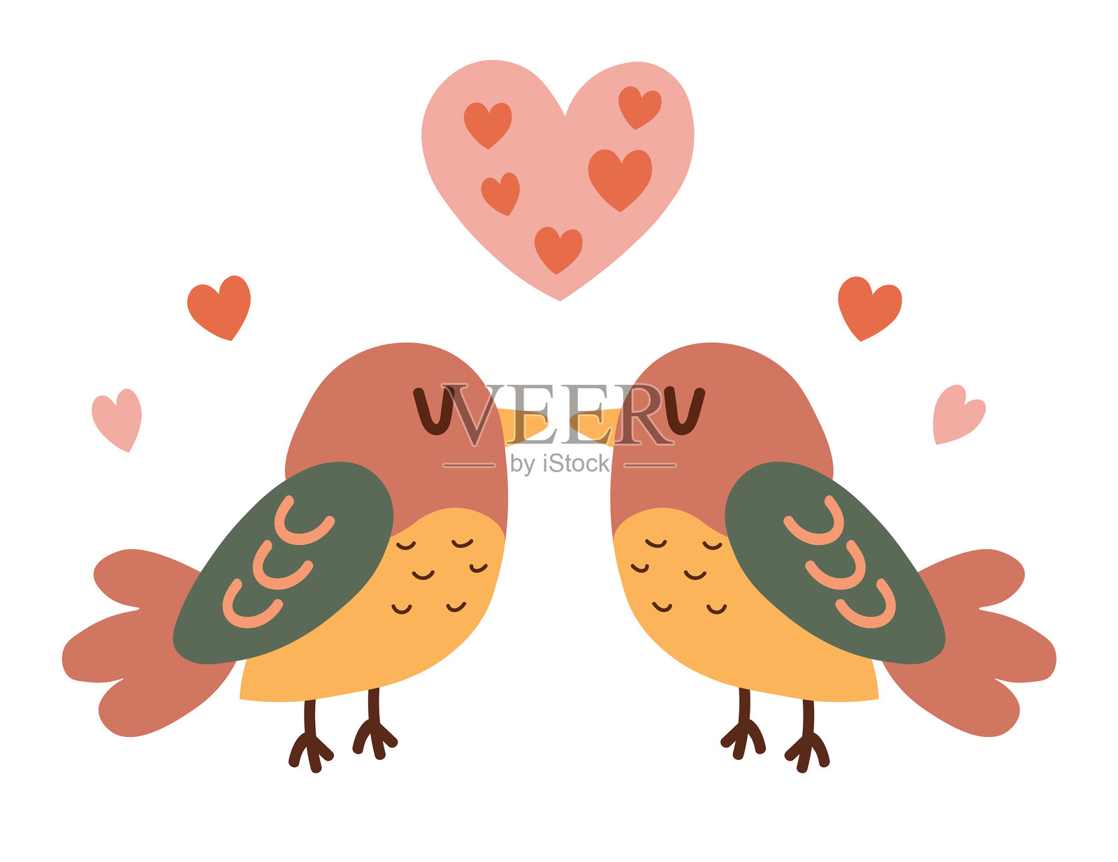 两只相对而立的爱情鸟和心形图案插画图片素材