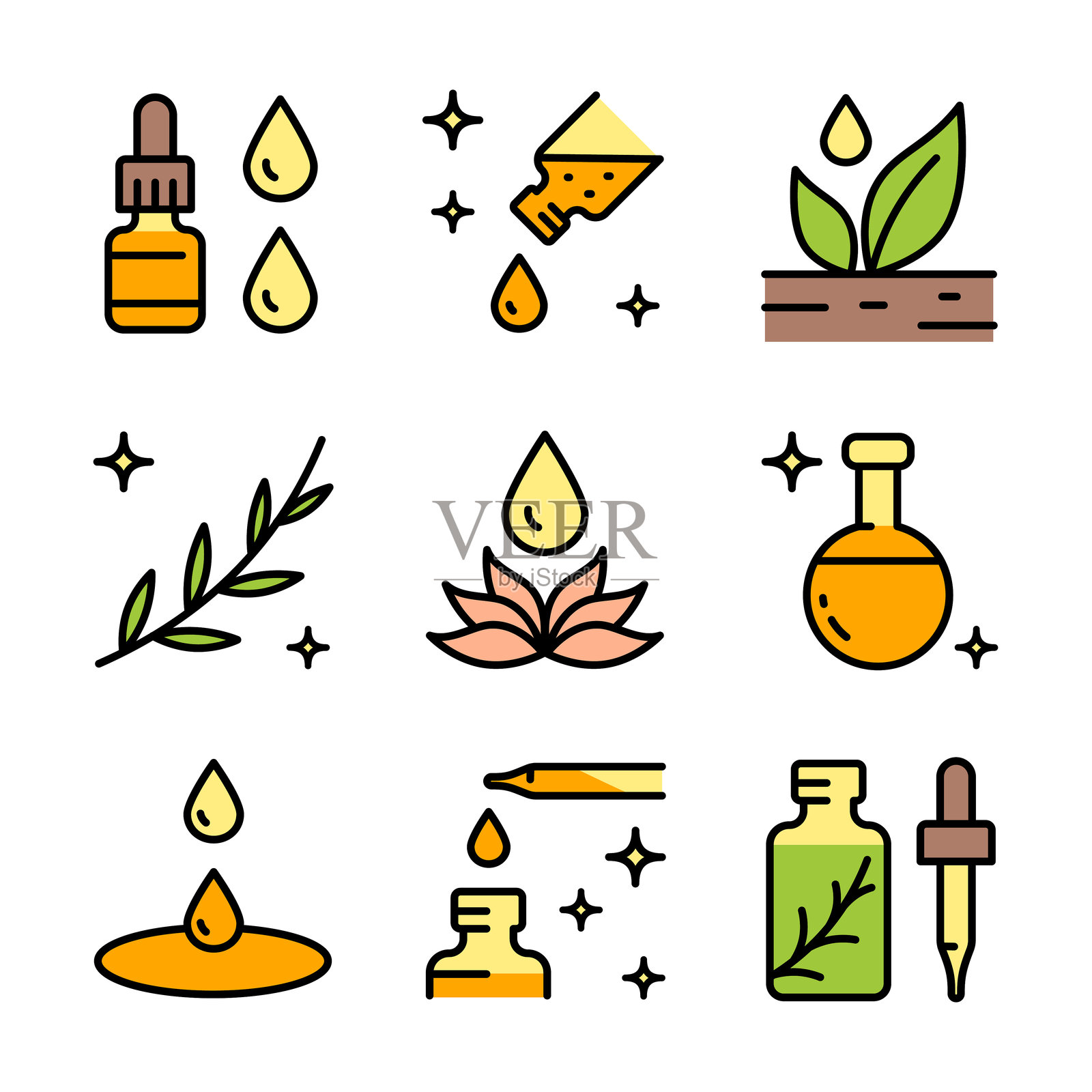 精油芳香疗法图标集。精油香水的集合。用于网页设计的彩色矢量标志，背景为白色。插画图片素材