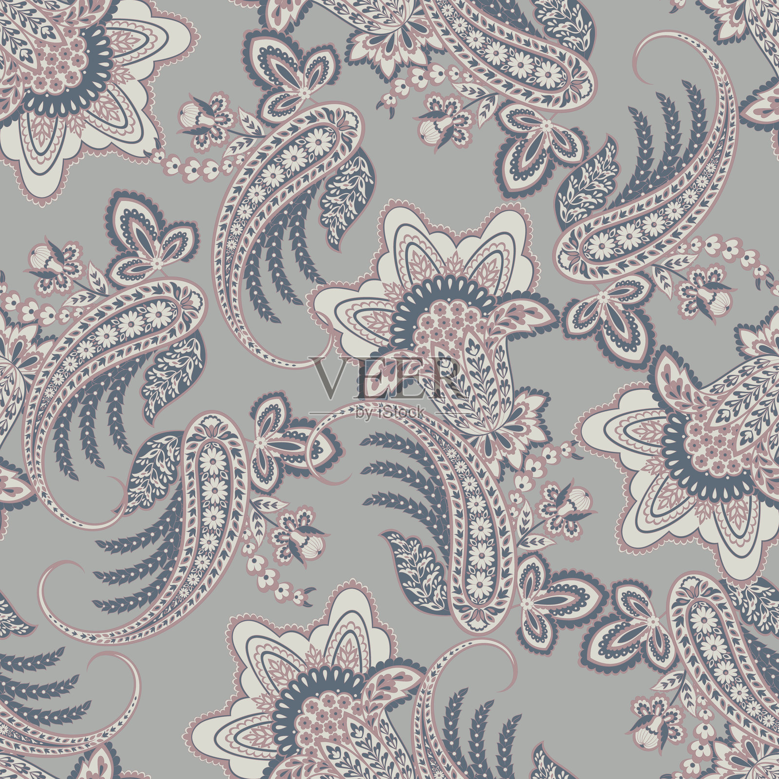 佩斯利花卉东方民族图案。无缝矢量装饰。达玛斯克织物图案。插画图片素材