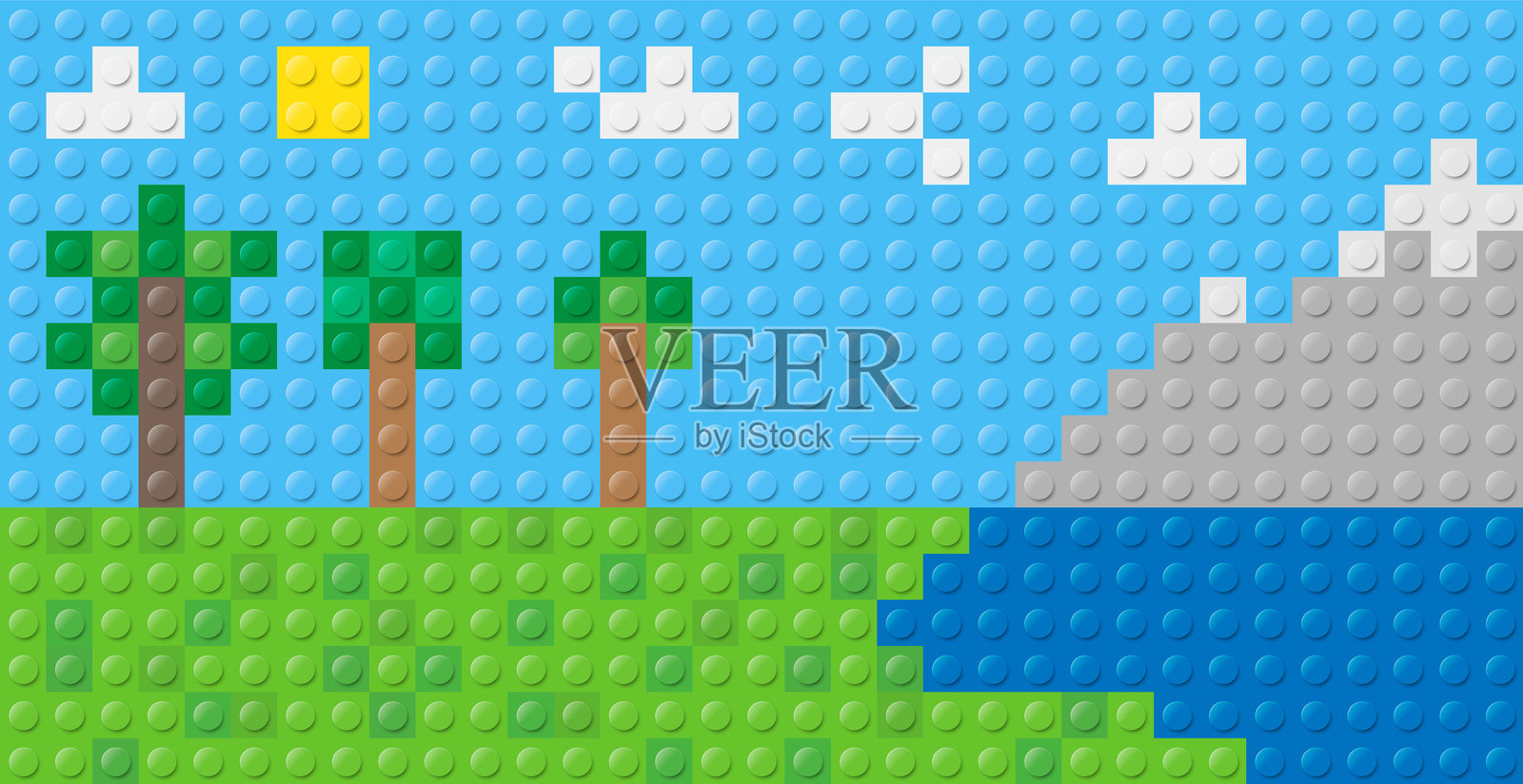 色彩斑斓的风景，展现了树木、河流和雄伟的山脉插画图片素材