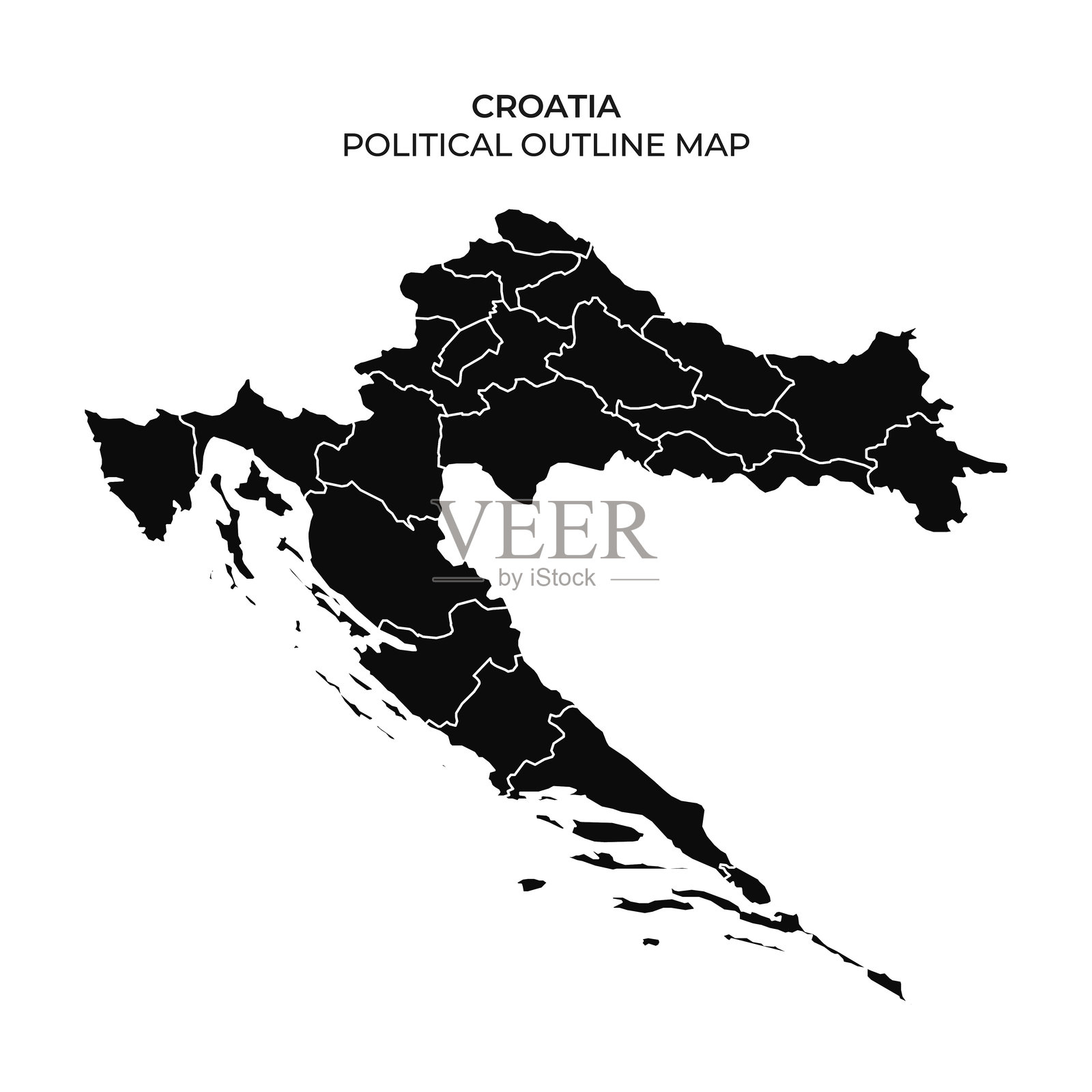克罗地亚的轮廓地图，展示其政治区划插画图片素材