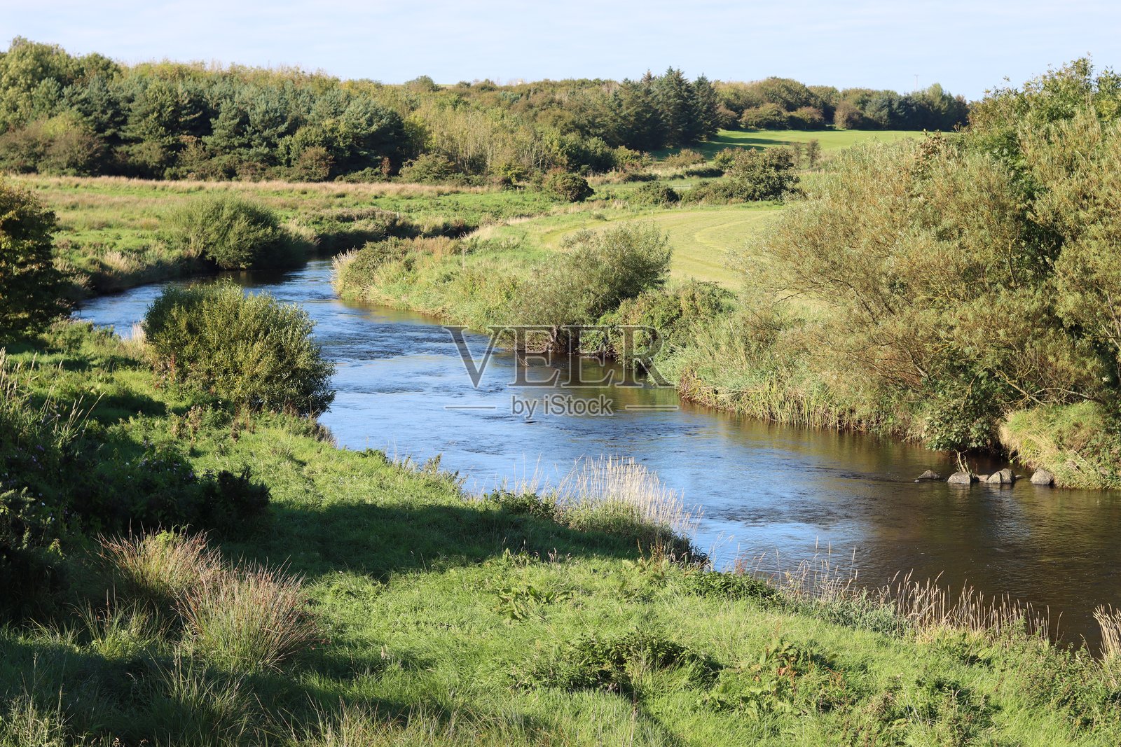 夏季乡村河流蜿蜒穿过草地照片摄影图片