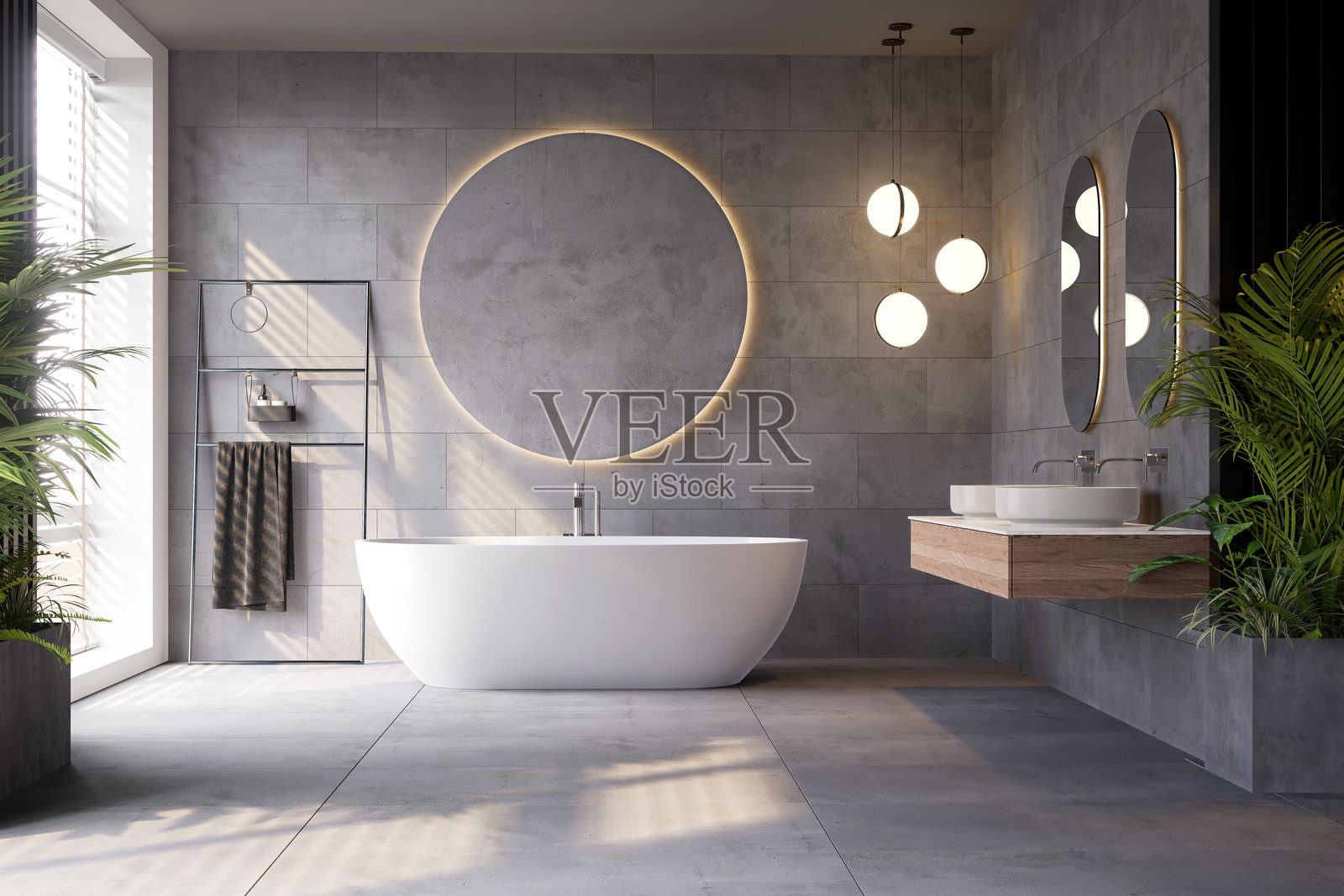 极简风格现代阁楼浴室，带有自然光的3D渲染，地面和墙壁采用混凝土瓷砖，装饰有圆形背景、隐藏灯光和绿色植物。照片摄影图片