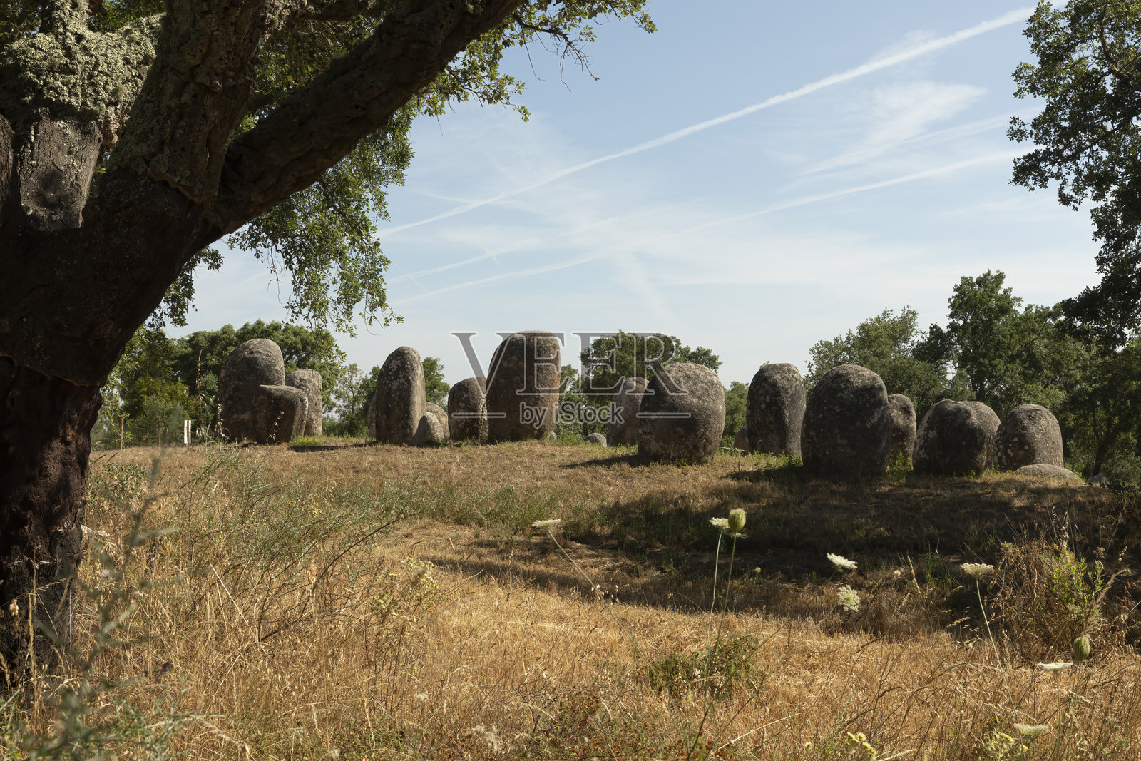 阿尔门德雷斯的克罗梅莱赫，葡萄牙，一个三阶段的石器时代石圈照片摄影图片