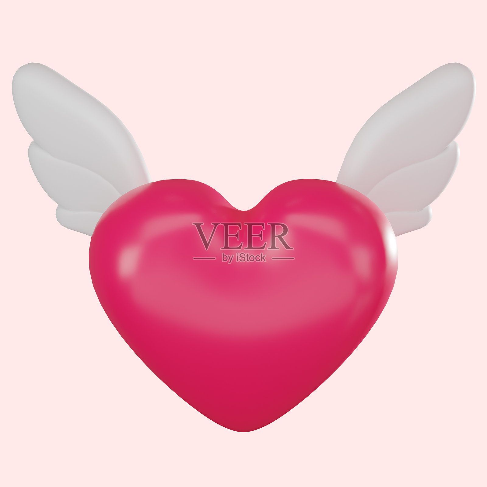 3D渲染，带有天使翅膀和金戒指的永恒之爱心形图标插图。照片摄影图片